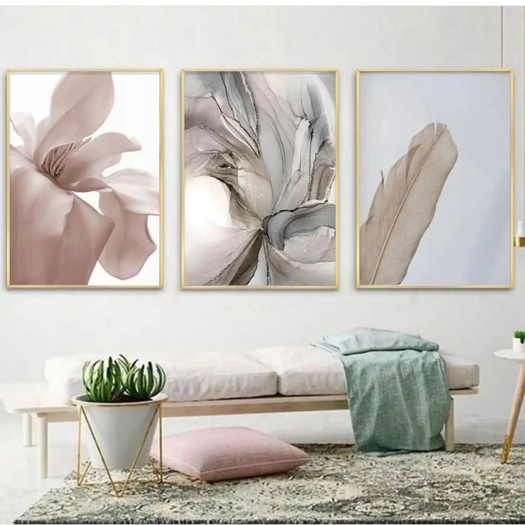 Doğanın Hafif Dokunuşu: Çiçek ve Tüyler Üçlü Metal Çerçeveli Tablo Seti