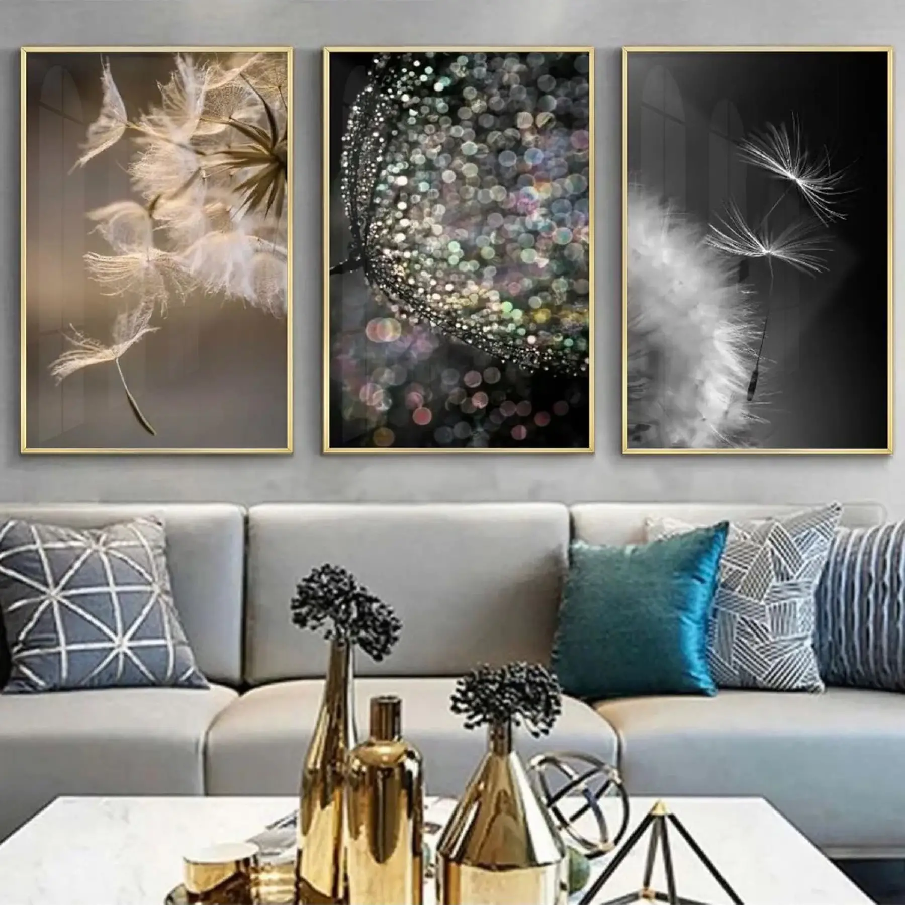 Karşı Konulmaz Zarafet: Dandelion Silüetleri Üçlü Metal Çerçeveli Tablo Seti