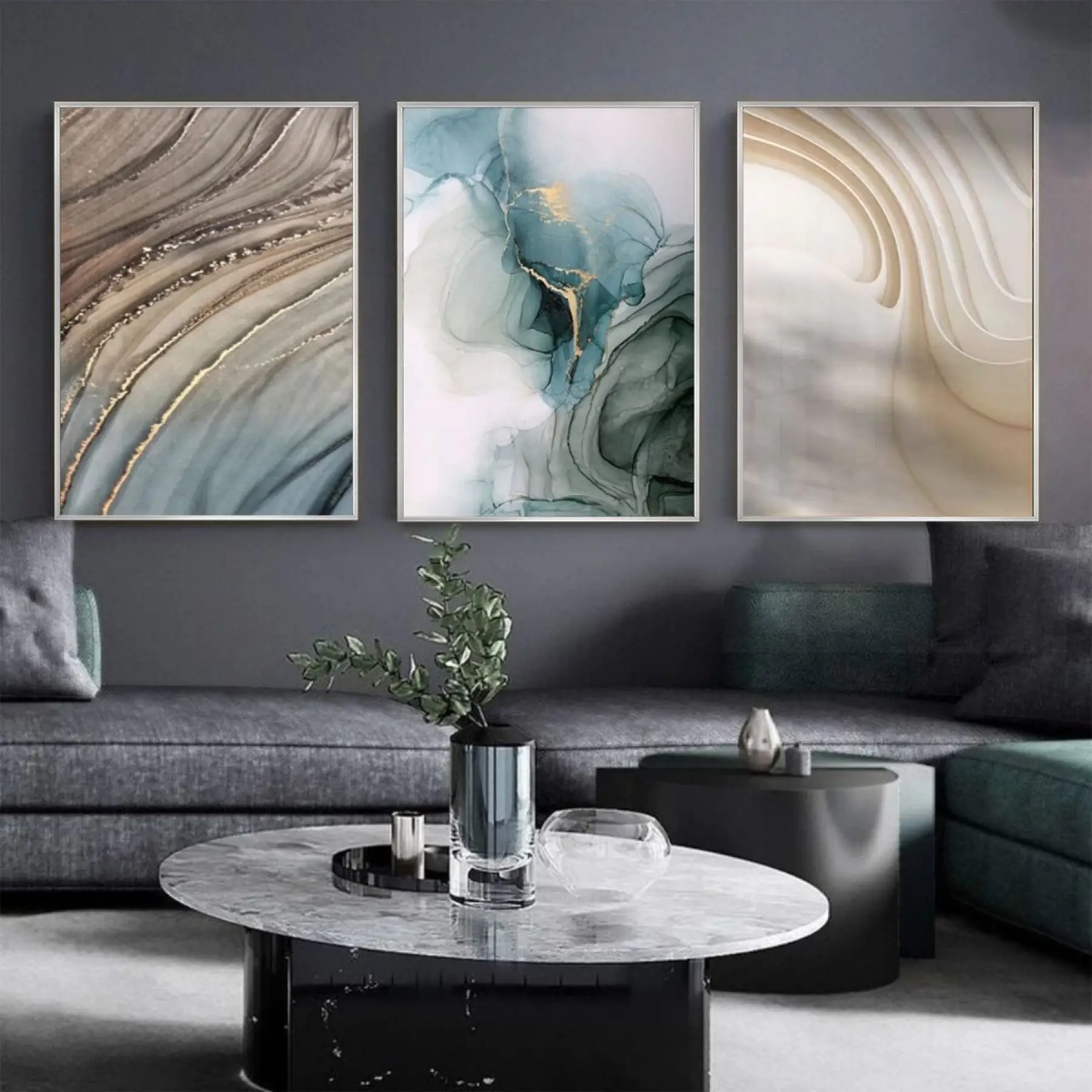 Mermerin Sırları: Üçlü Metal Çerçeveli Tablo Seti