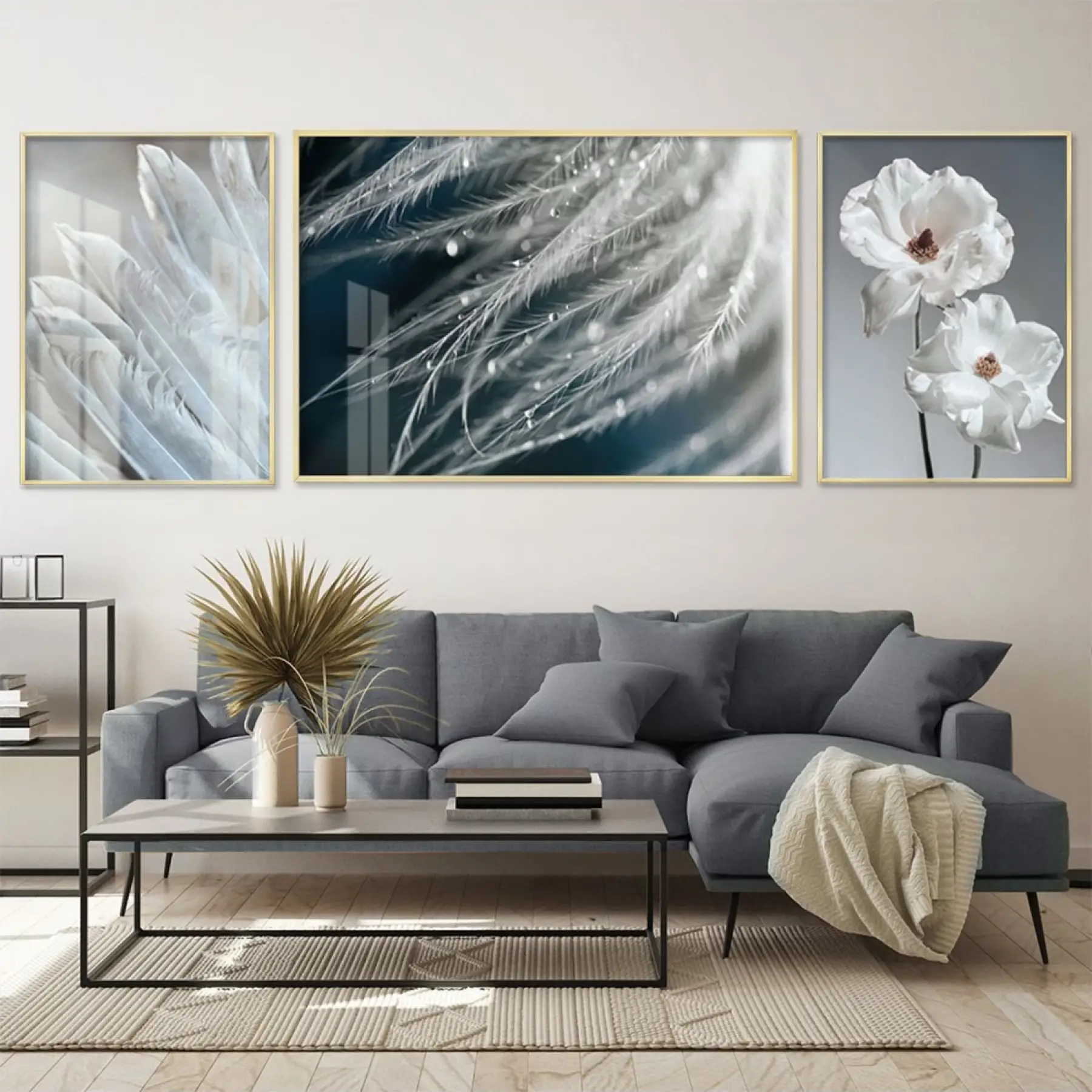 Gümüş Rüyalar; İnce Detaylı Metal Çerçeveli Üçlü Tablo Seti