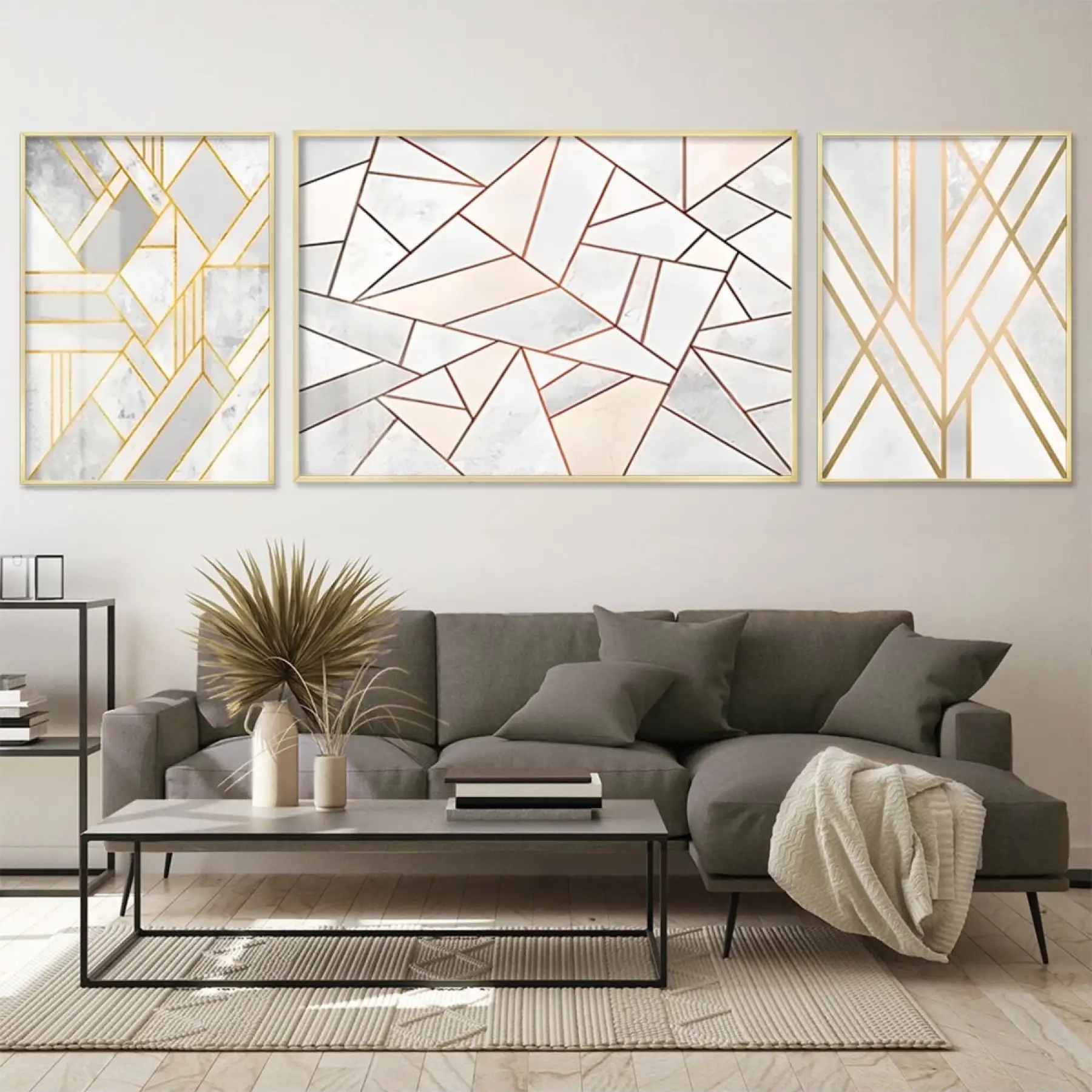 Modern Geometrik Harikalar; Altın Aksanlı Üçlü Metal Çerçeveli Tablo Seti