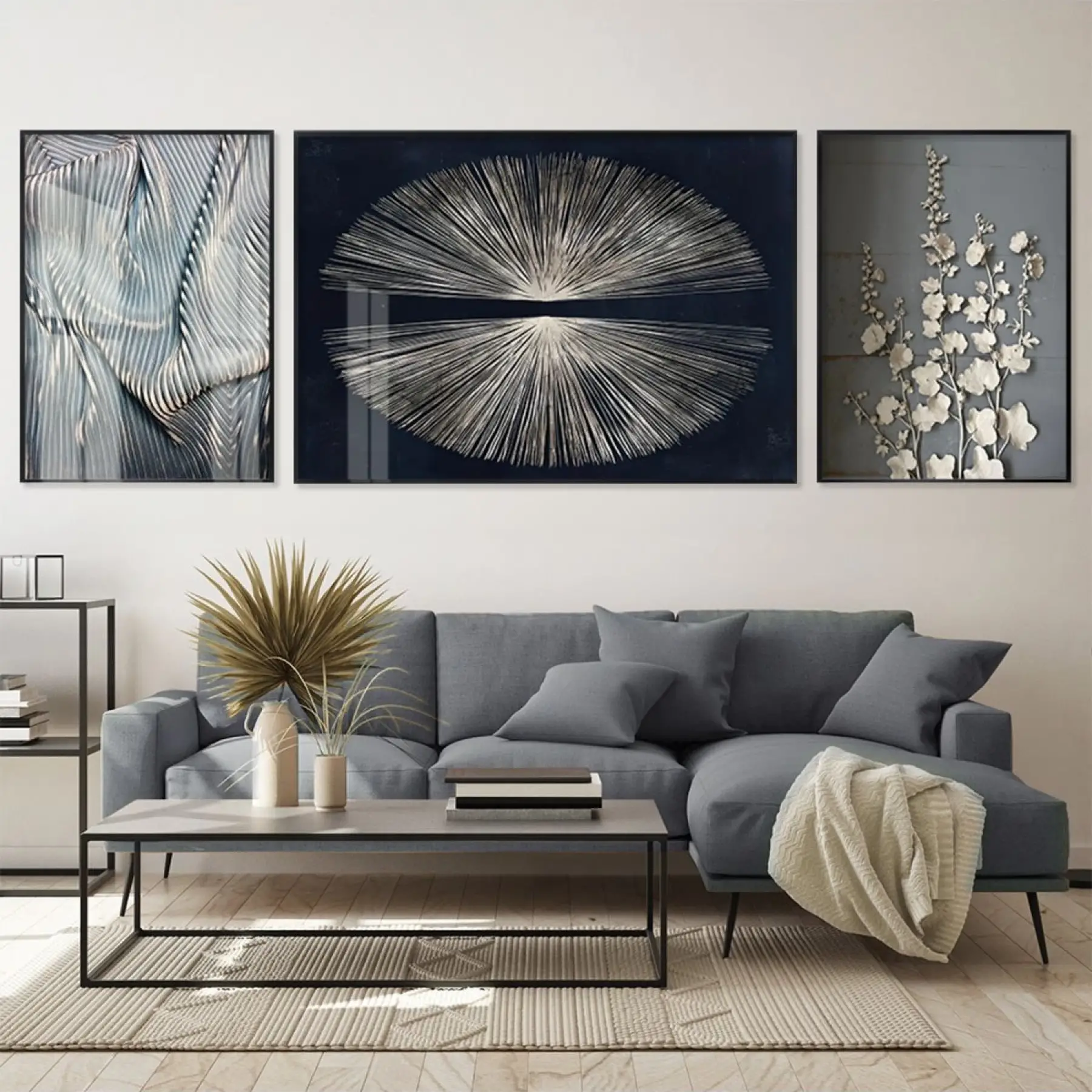 Ömürlük Sanat Deneyimi: Metalik Yansımalar Metal Çerçeveli Üçlü Tablo Seti