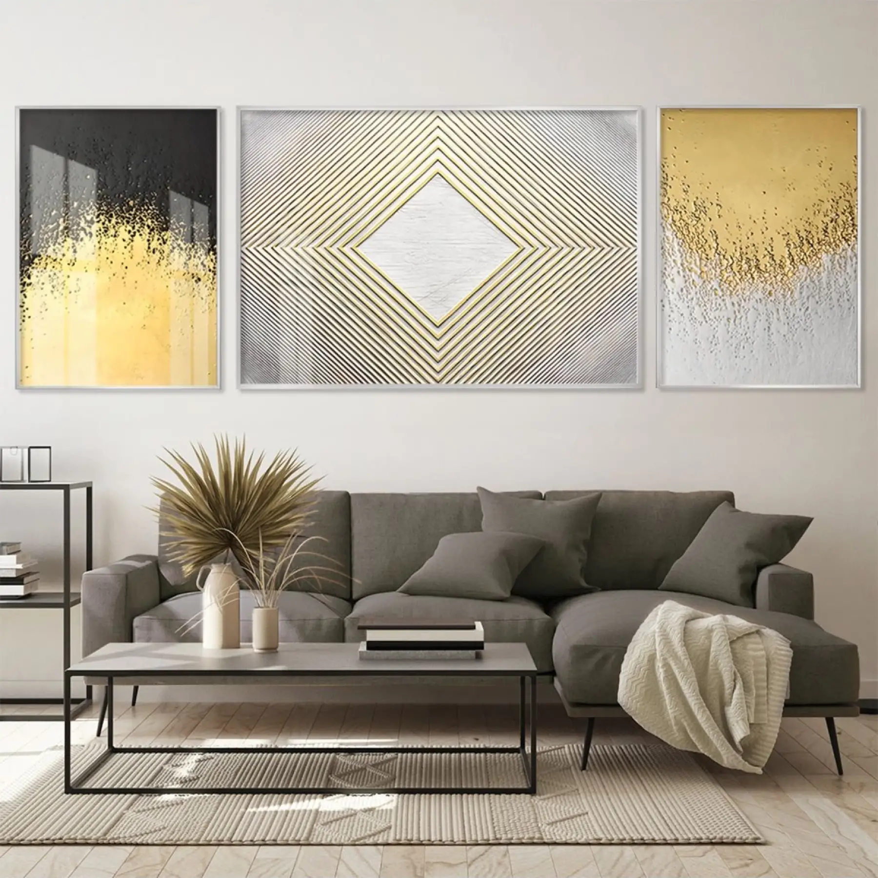 Altın Yağmur; Lüks Üçlü Metal Çerçeveli Tablo Seti