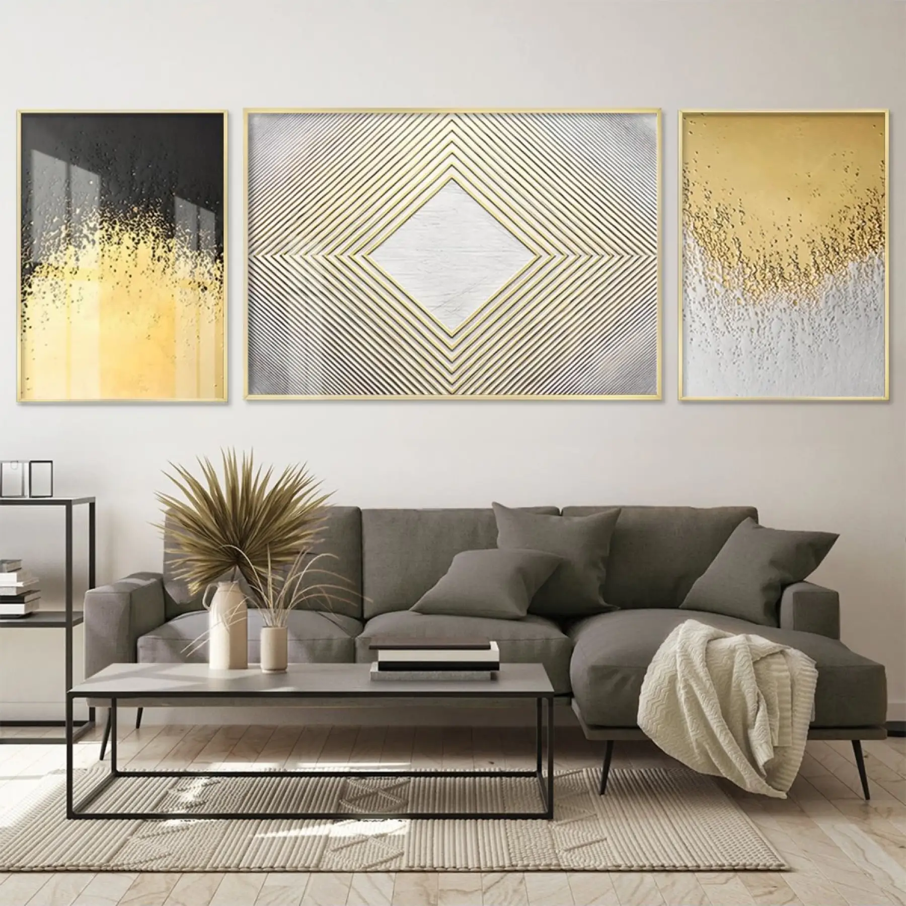 Altın Yağmur; Lüks Üçlü Metal Çerçeveli Tablo Seti