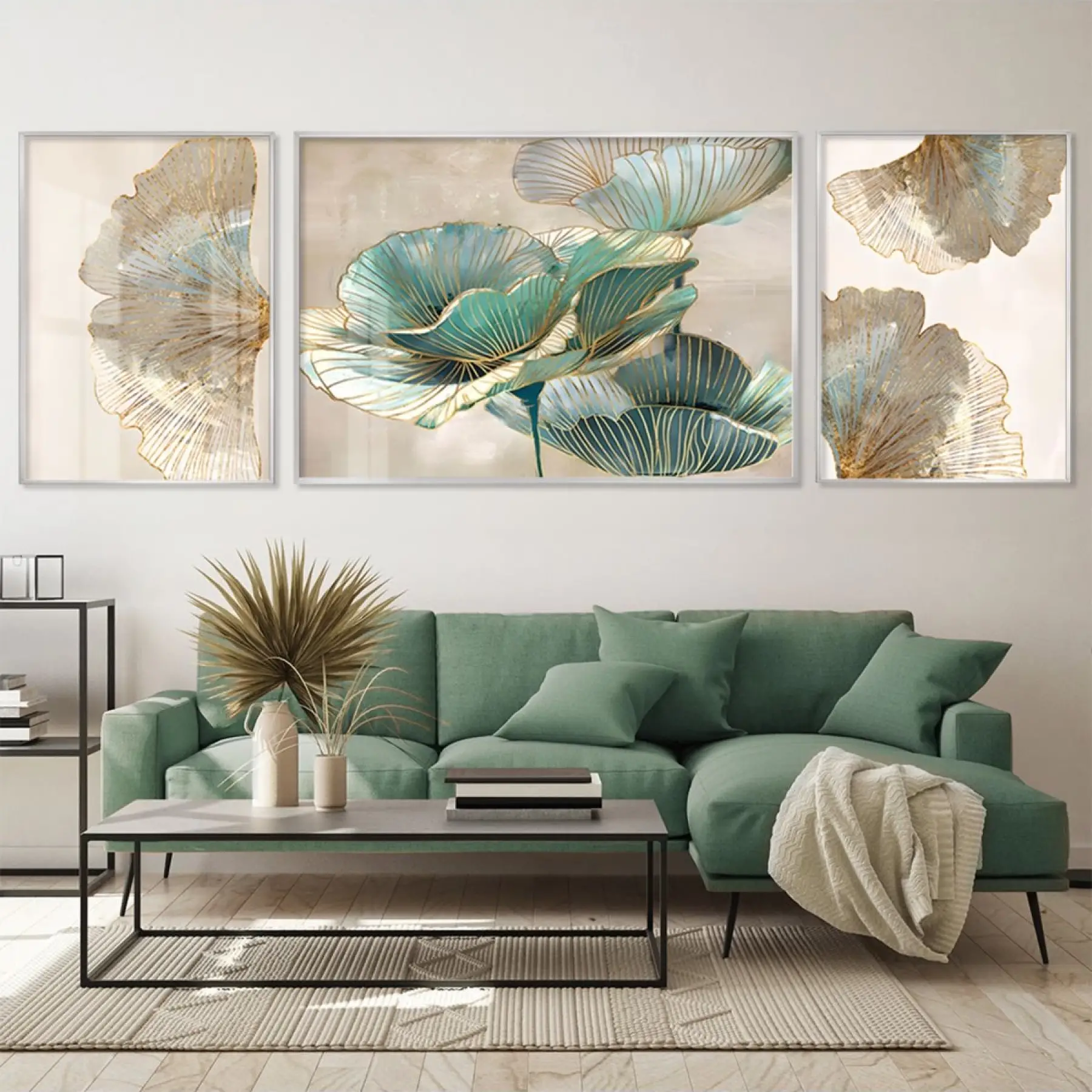 Modern Flora - Sofistike Üçlü Metal Çerçeveli Tablo Seti