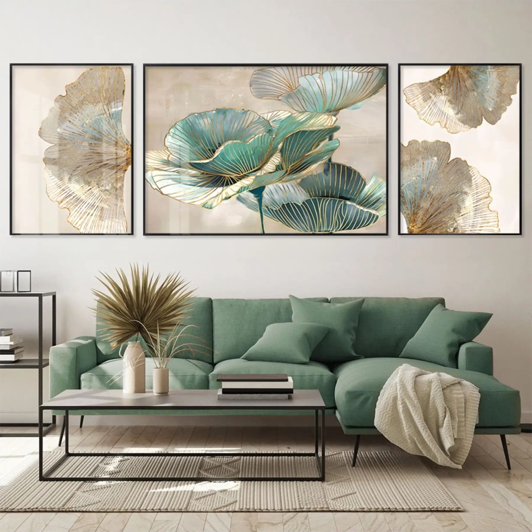 Modern Flora - Sofistike Üçlü Metal Çerçeveli Tablo Seti