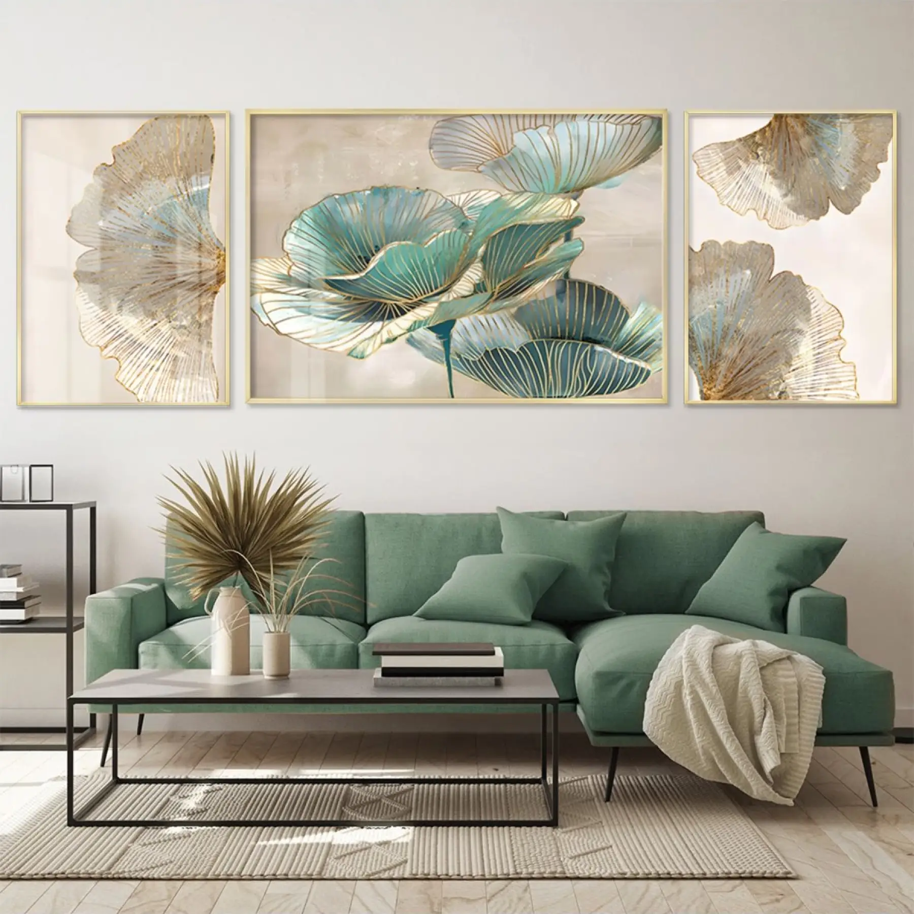 Modern Flora - Sofistike Üçlü Metal Çerçeveli Tablo Seti