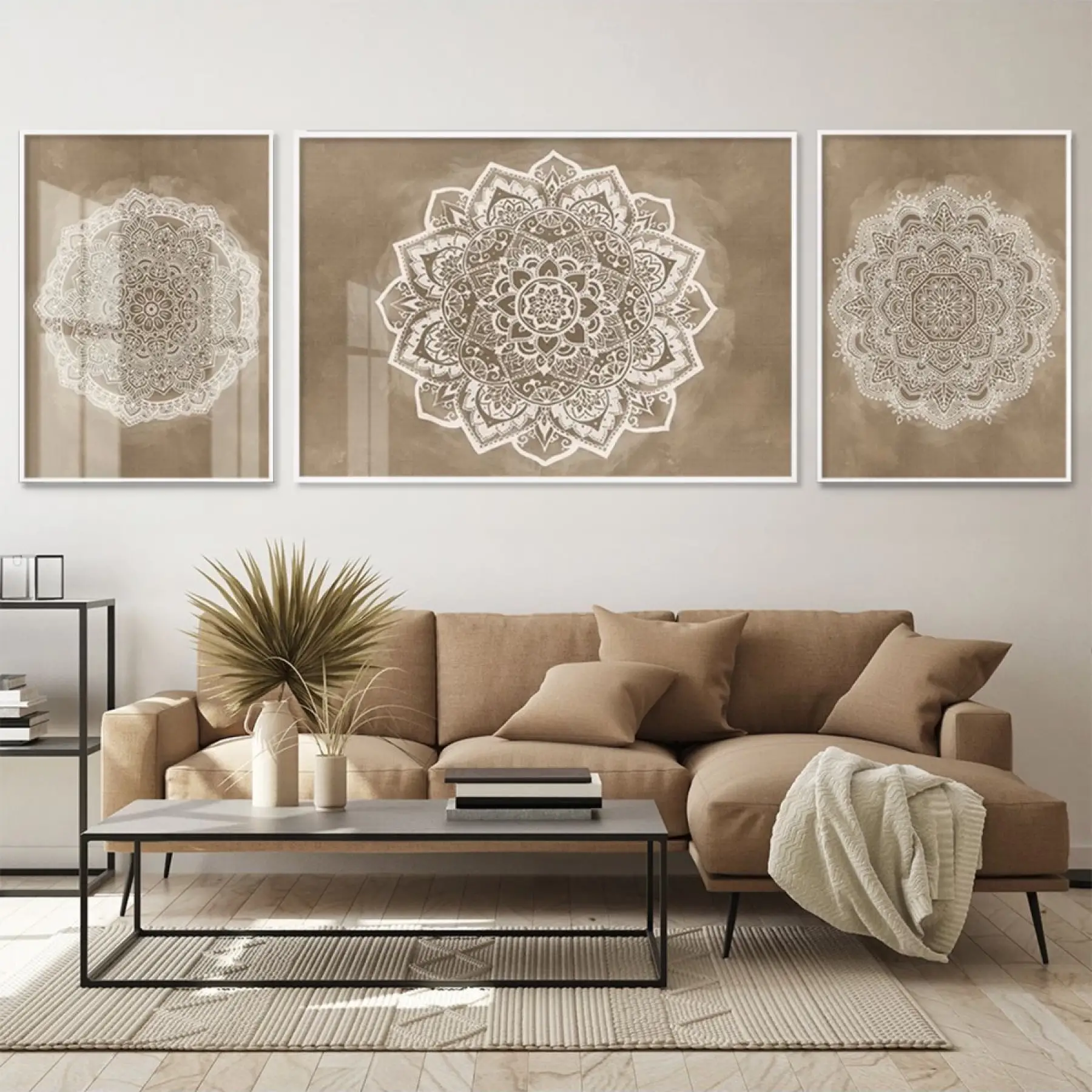 Meditatif Mandala; Altın Tonlu Üçlü Metal Çerçeveli Tablo Seti