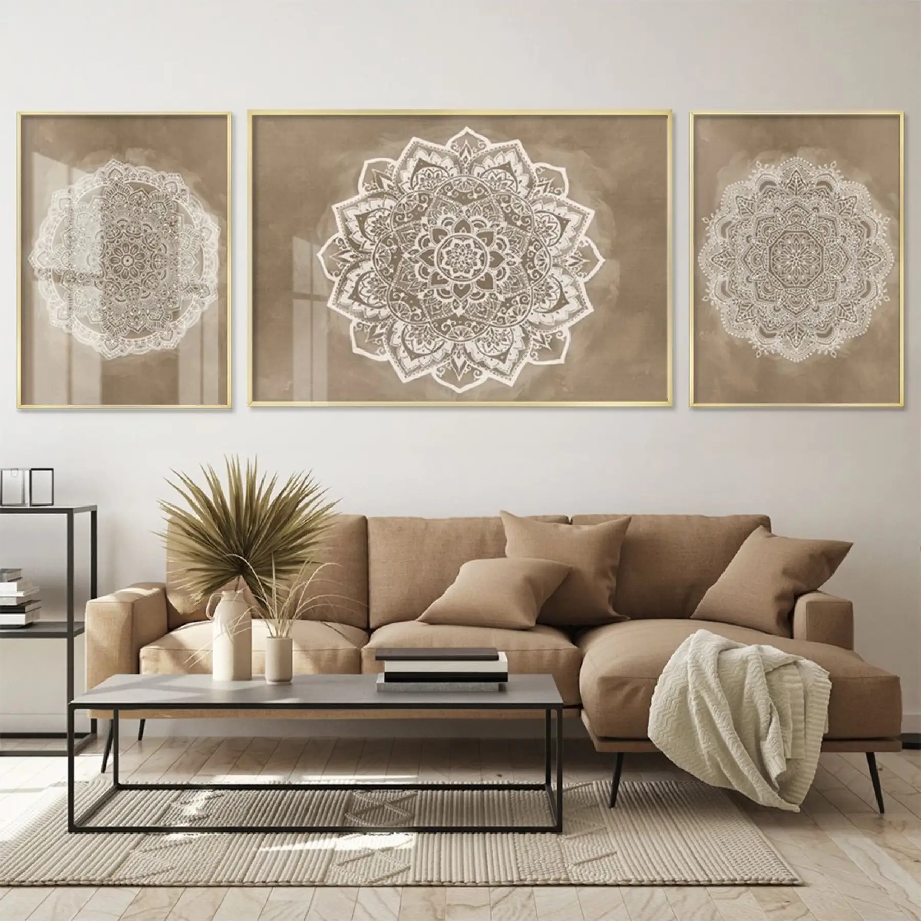 Meditatif Mandala; Altın Tonlu Üçlü Metal Çerçeveli Tablo Seti