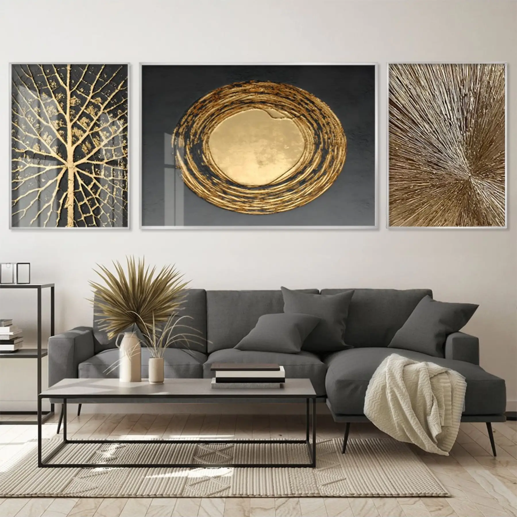 Altın Ağacın Işıltısı Üçlü Metal Çerçeveli Tablo Seti