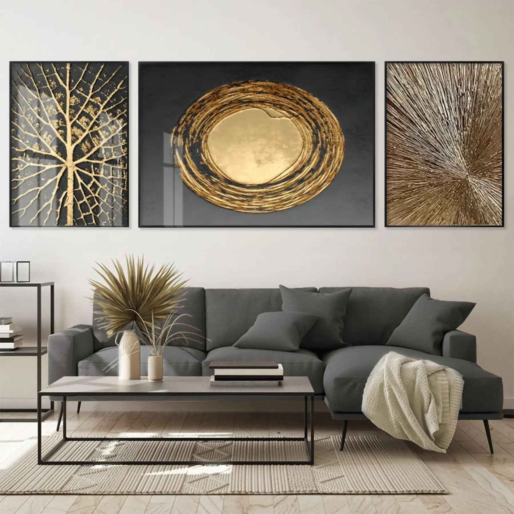 Altın Ağacın Işıltısı Üçlü Metal Çerçeveli Tablo Seti