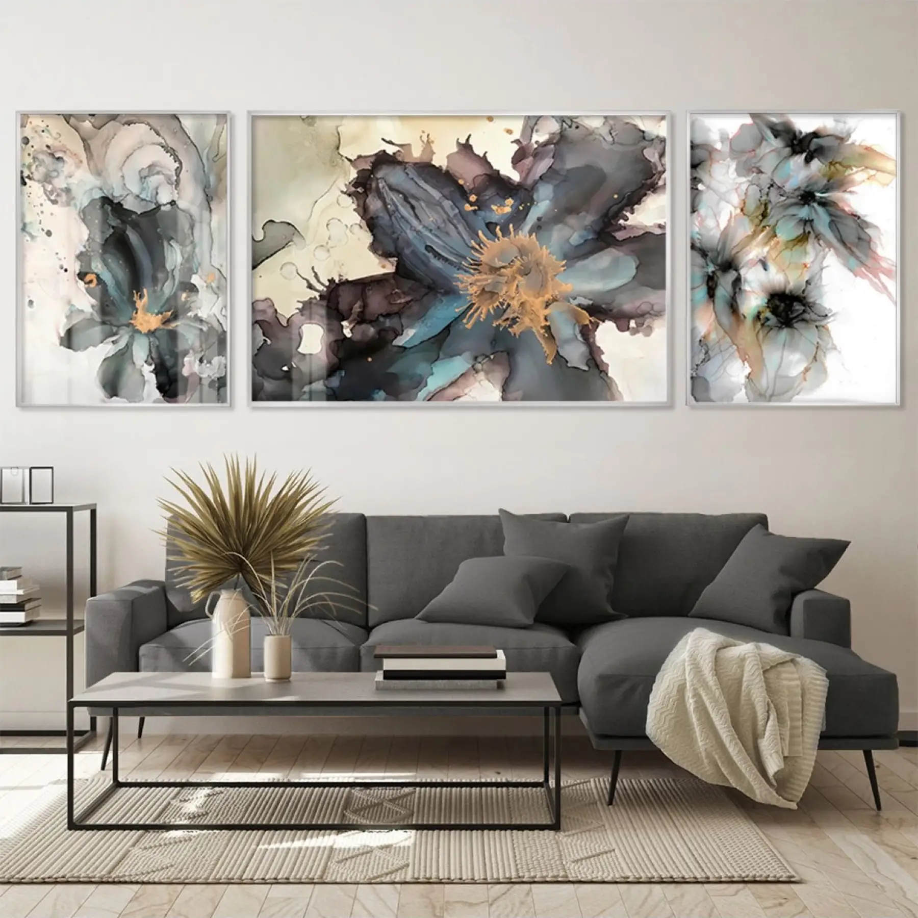 Kozmik Bahar; Merkezi Soyut Metal Çerçeveli Üçlü Metal Çerçeveli Tablo Seti