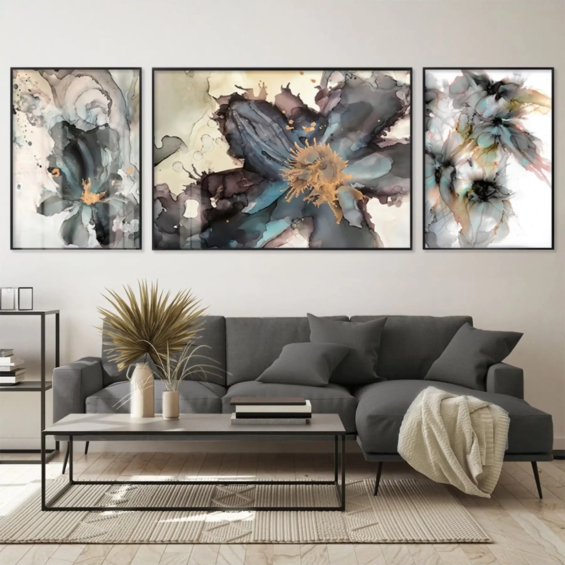 Kozmik Bahar; Merkezi Soyut Metal Çerçeveli Üçlü Metal Çerçeveli Tablo Seti