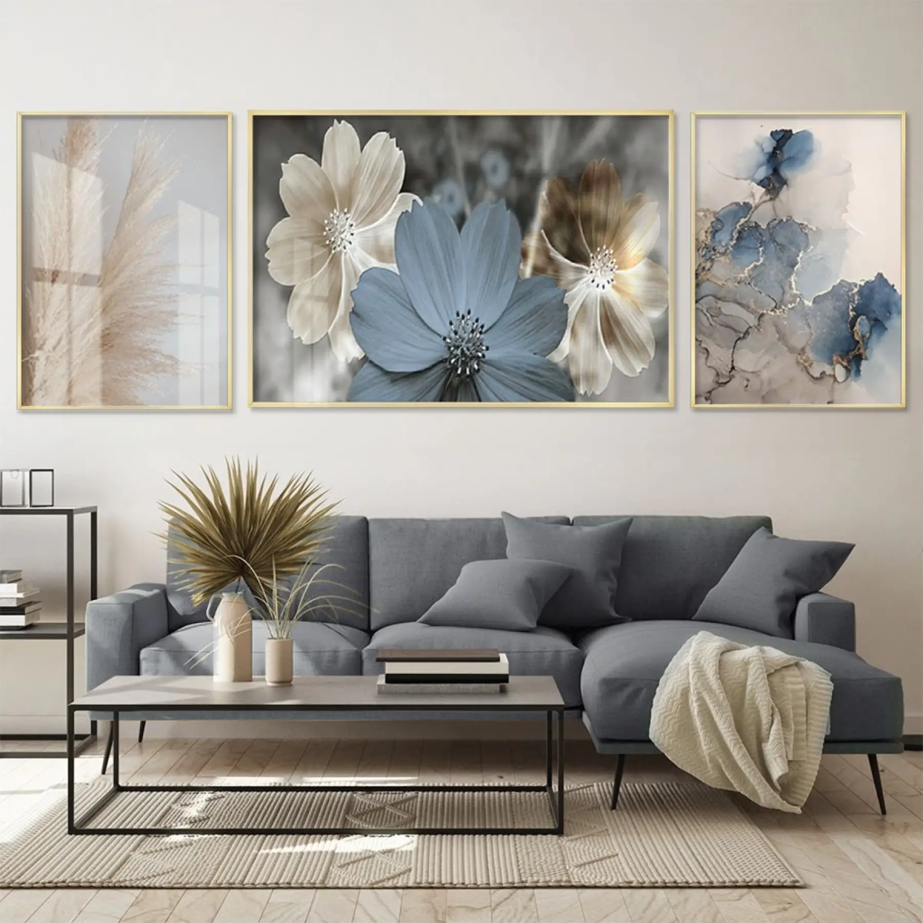 Doğal Estetik; Pastel Tonlu Çiçek Üçlü Metal Çerçeveli Tablo Seti