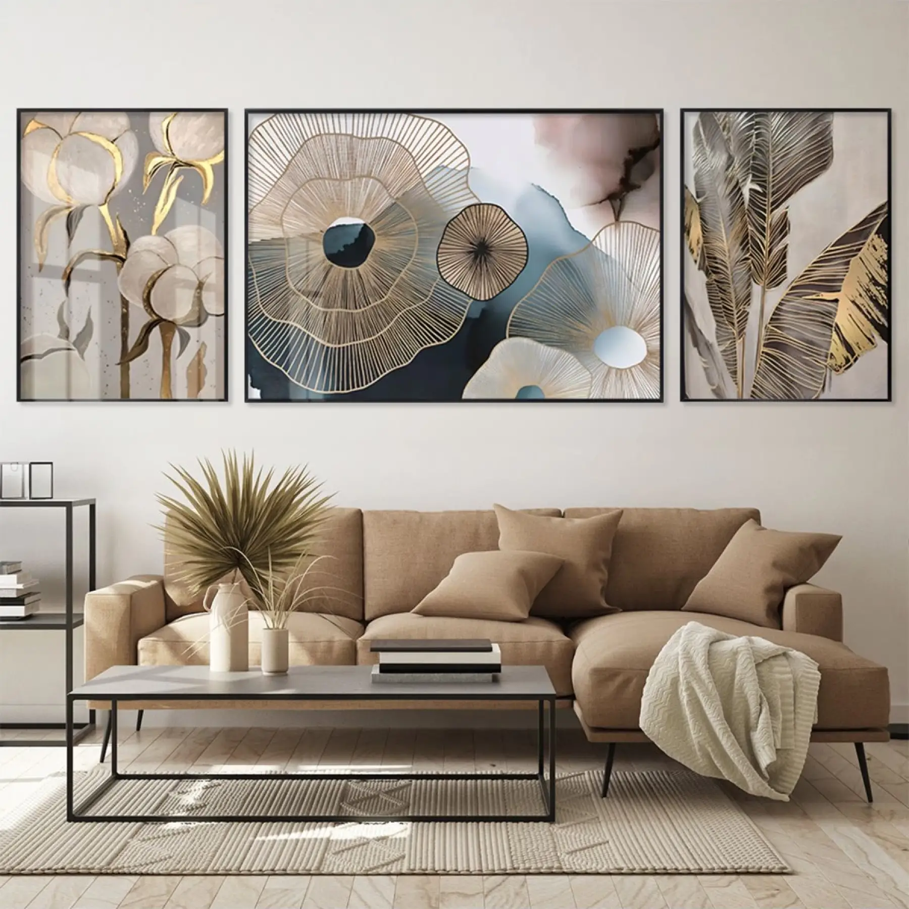 Soyut Botanik Silüetler; Altın Vurgulu Metal Çerçeveli Tablo