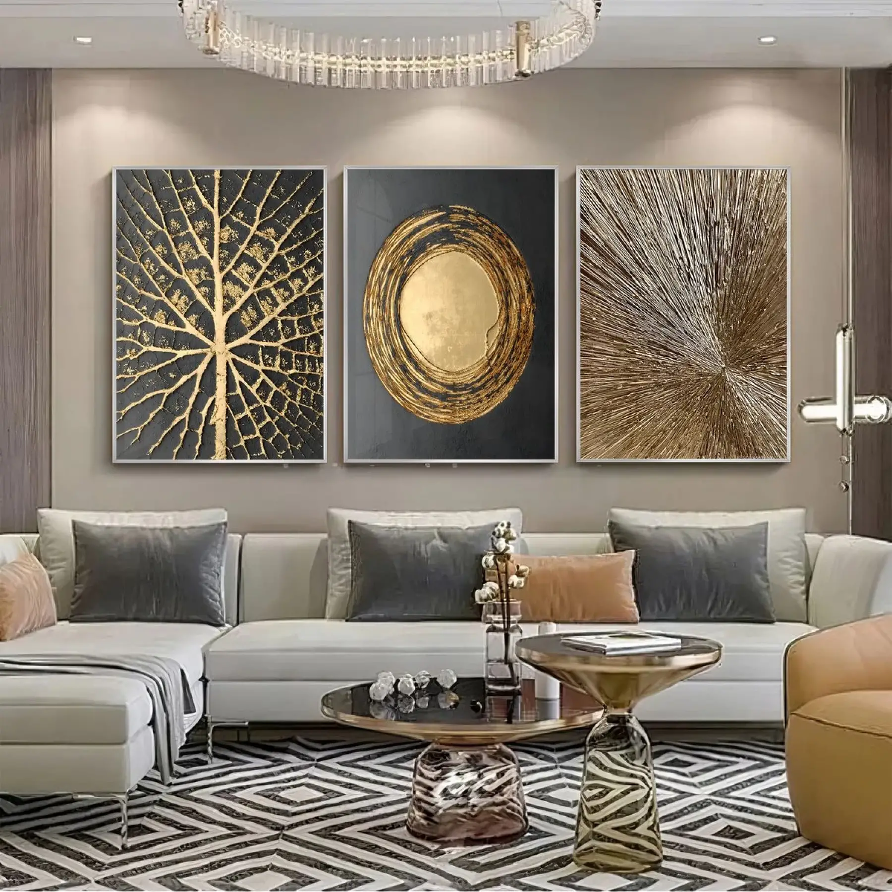 Altın Patlama Üçlü Metal Çerçeveli Tablo Seti