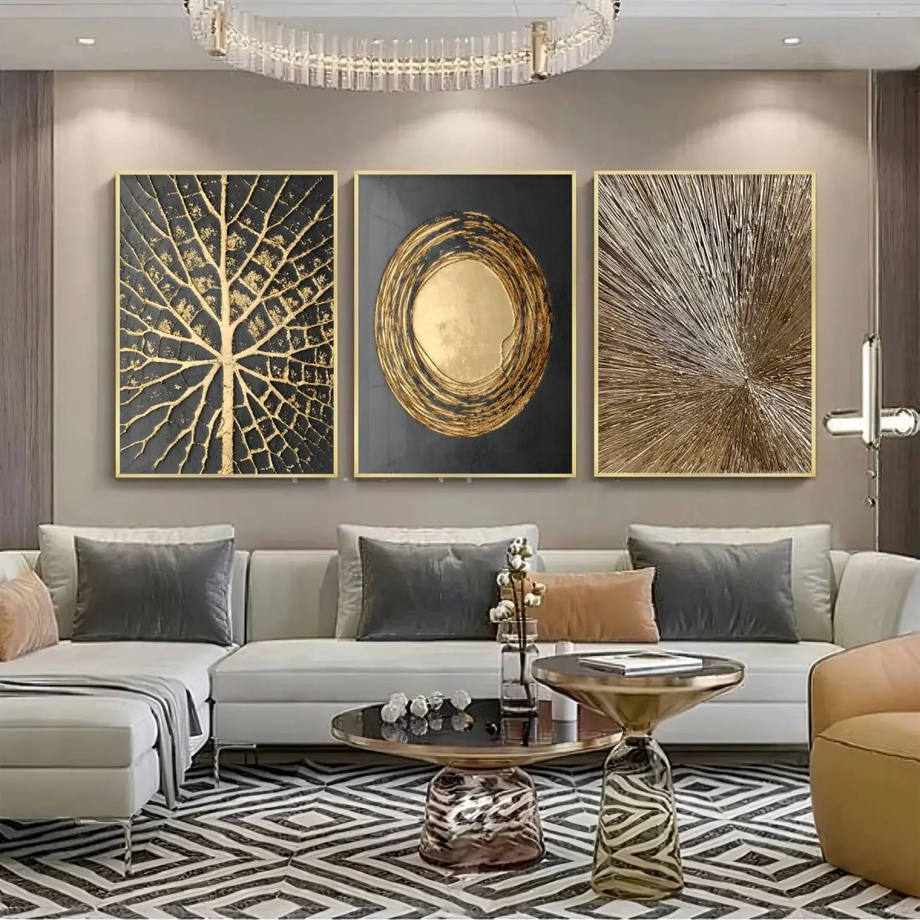 Altın Patlama Üçlü Metal Çerçeveli Tablo Seti