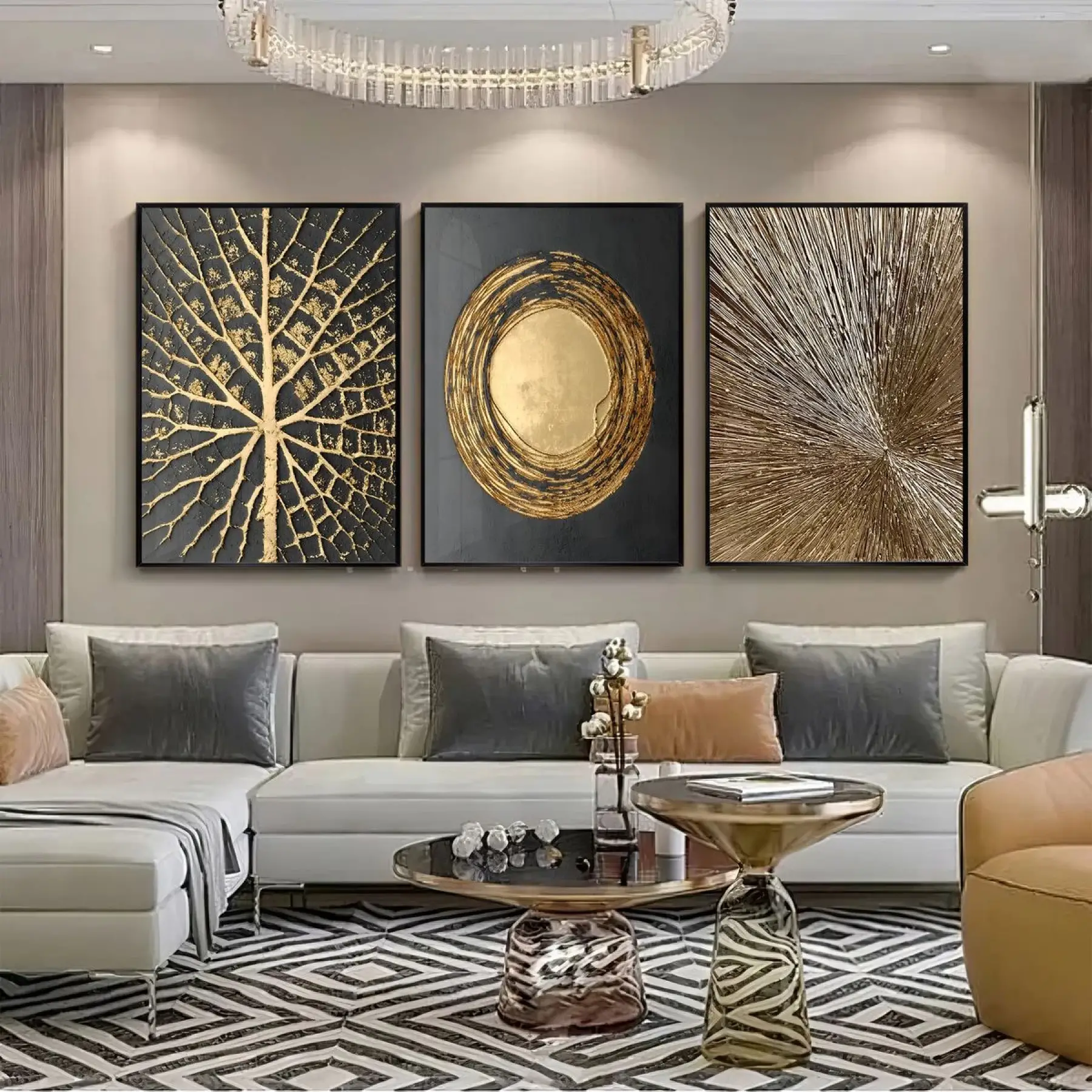 Altın Patlama Üçlü Metal Çerçeveli Tablo Seti