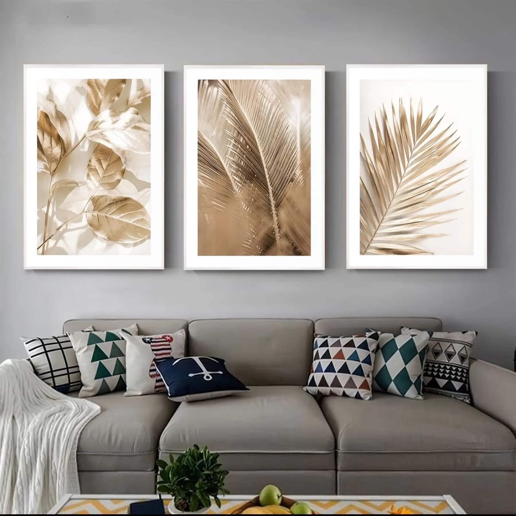 Natürel Tonlarda Yaprak Dansı Üçlü Metal Çerçeveli Tablo Seti