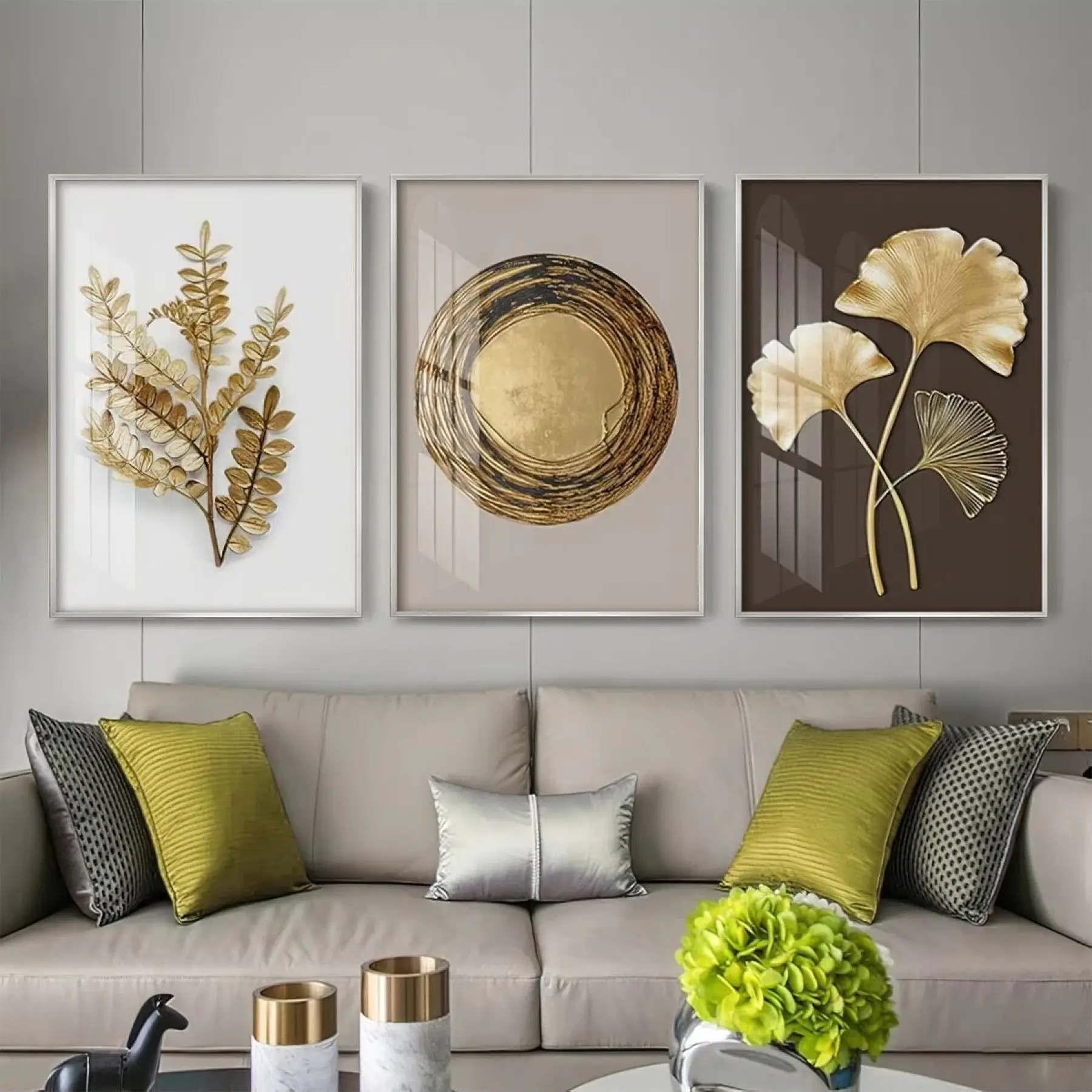 Altın Esinti Modern Sanat Üçlü Metal Çerçeveli Tablo Seti