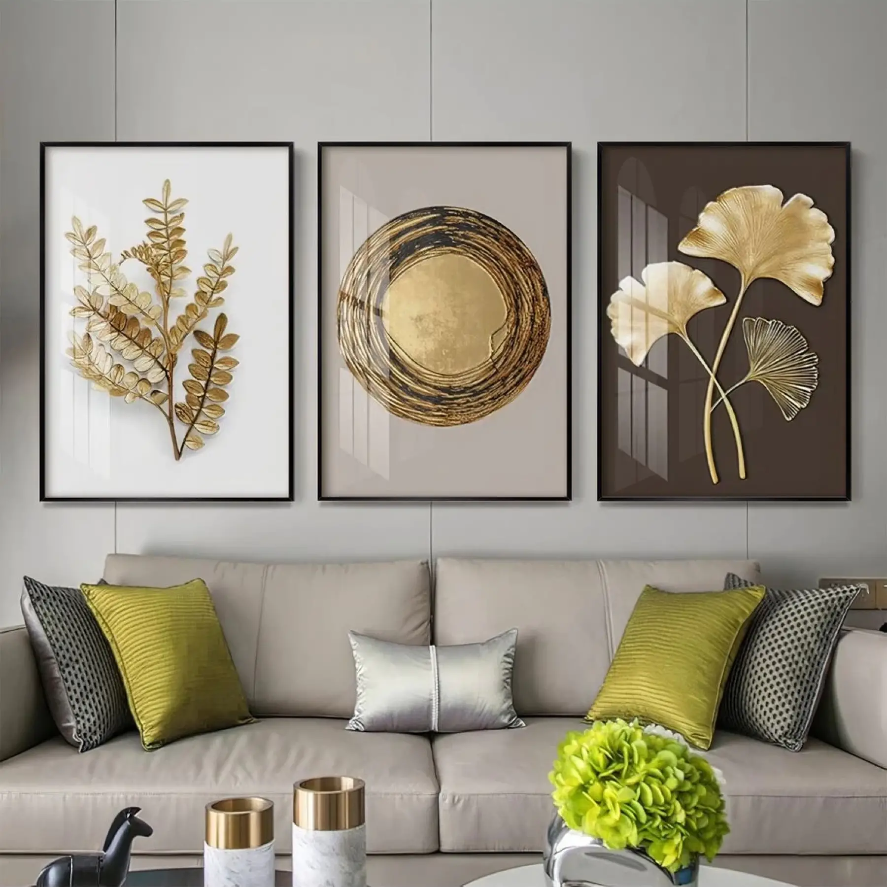 Altın Esinti Modern Sanat Üçlü Metal Çerçeveli Tablo Seti
