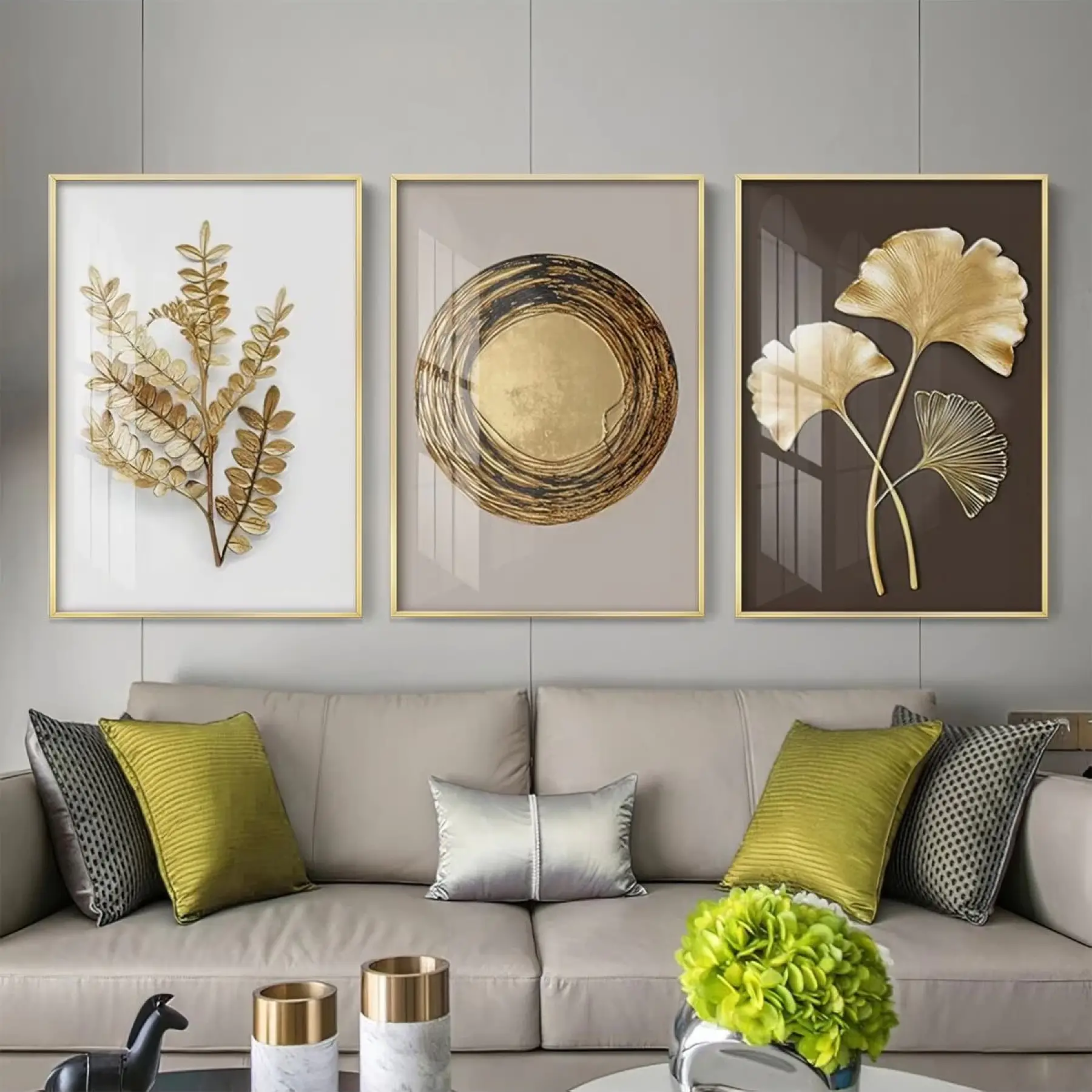 Altın Esinti Modern Sanat Üçlü Metal Çerçeveli Tablo Seti