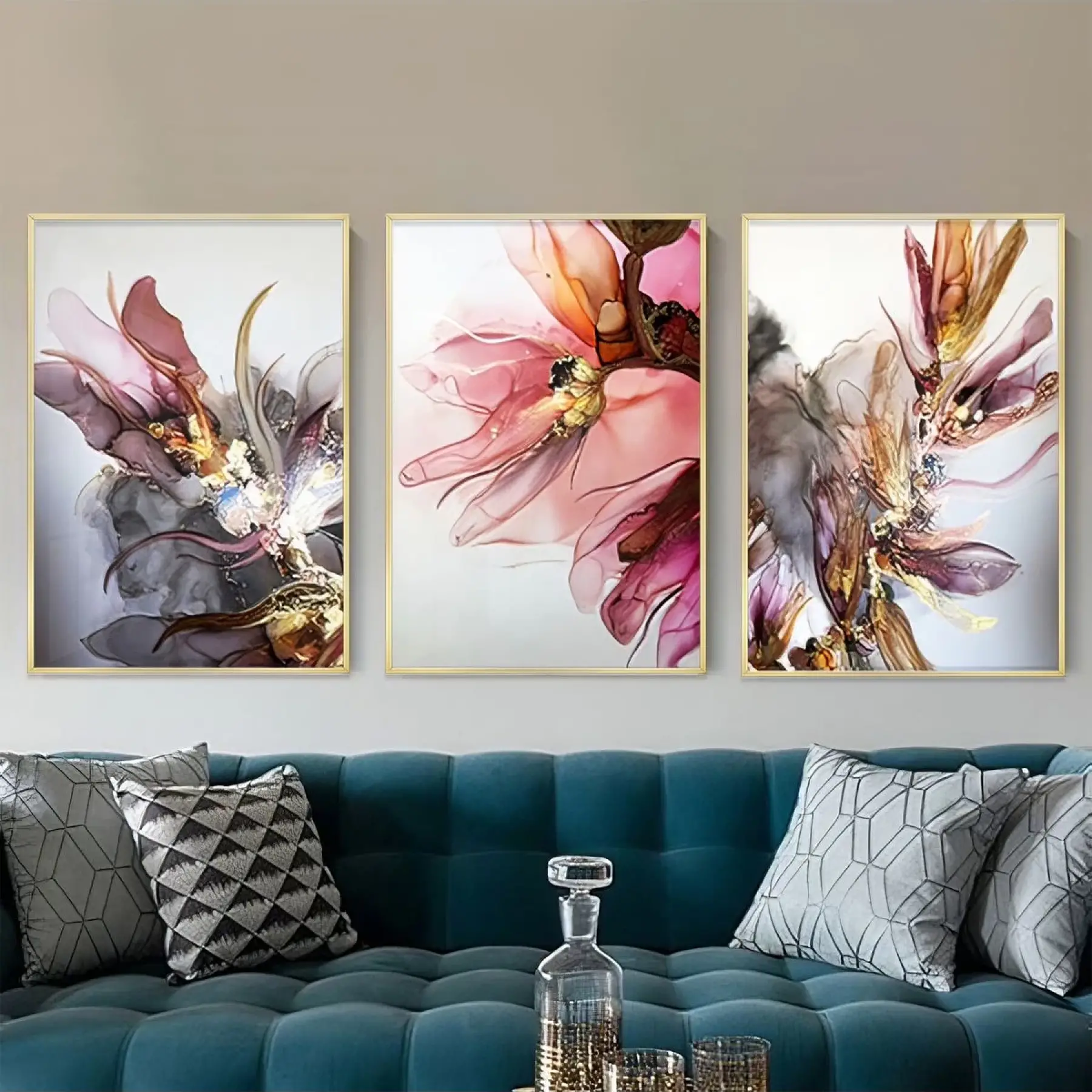 Botanik Rüya - Floral Senfoni Üçlü Metal Çerçeveli Tablo Takımı