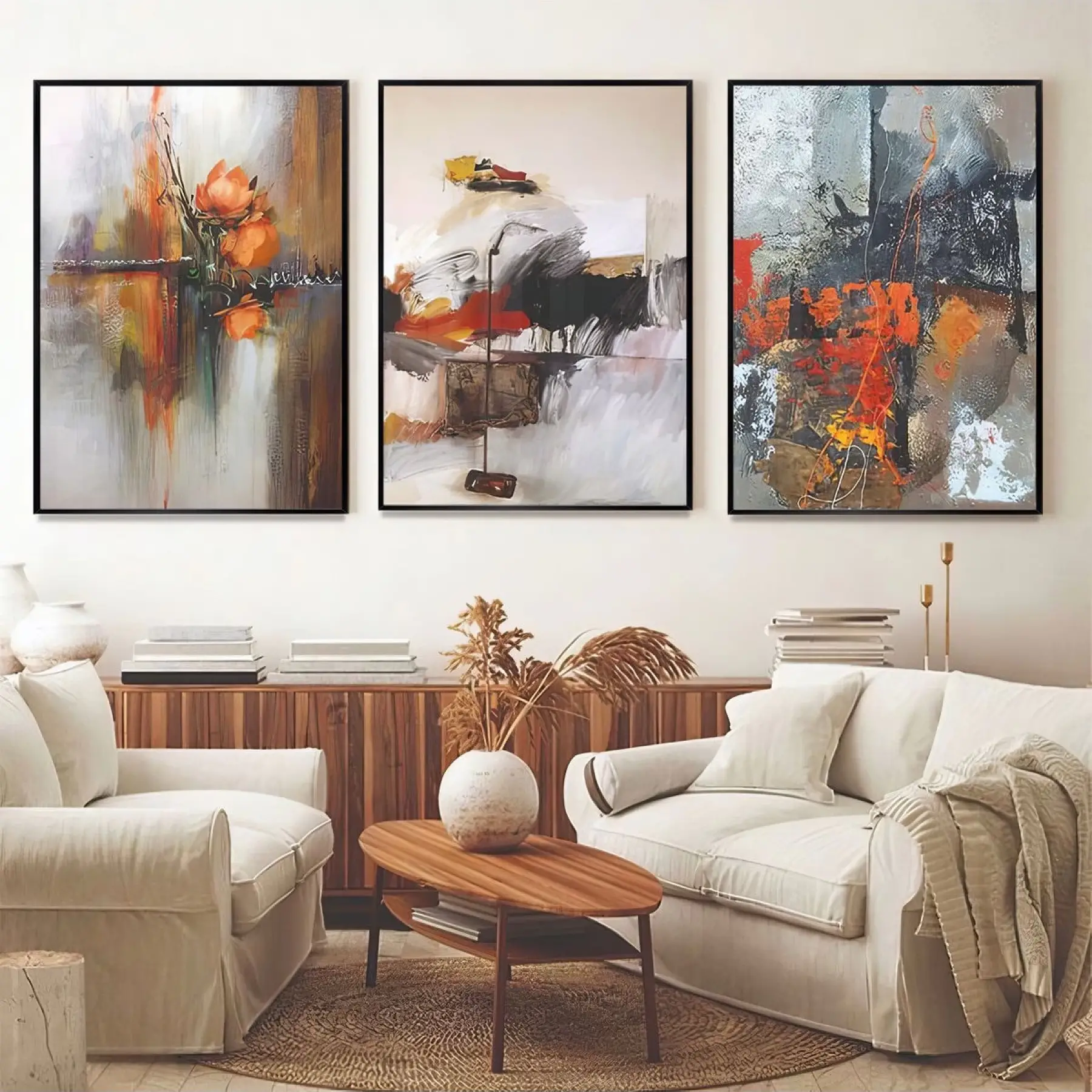 Soyut Renk Oyunları Üçlü Metal Çerçeveli Tablo Seti