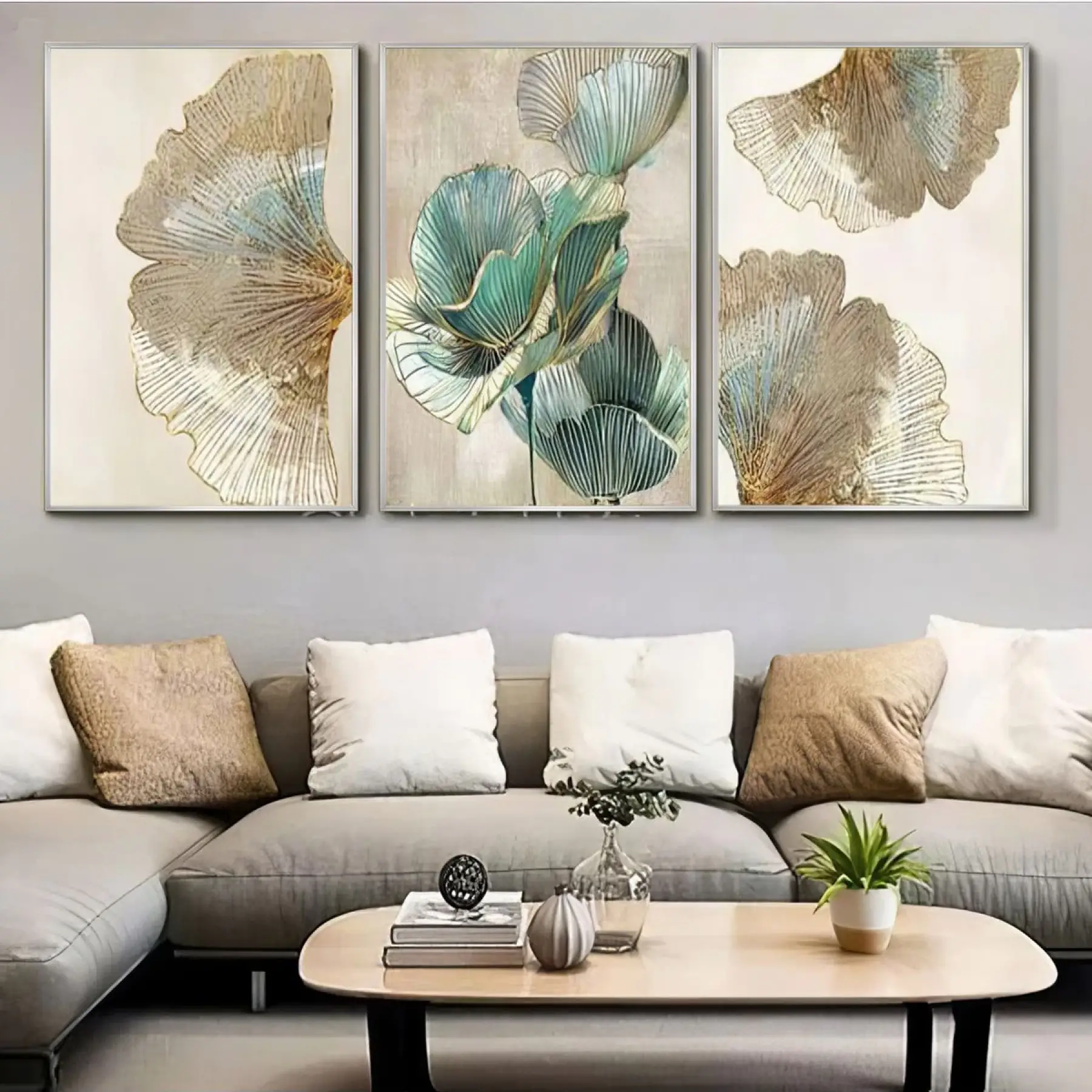 Akvamarin Rüyası Botanik Üçlü Metal Çerçeveli Tablo Seti