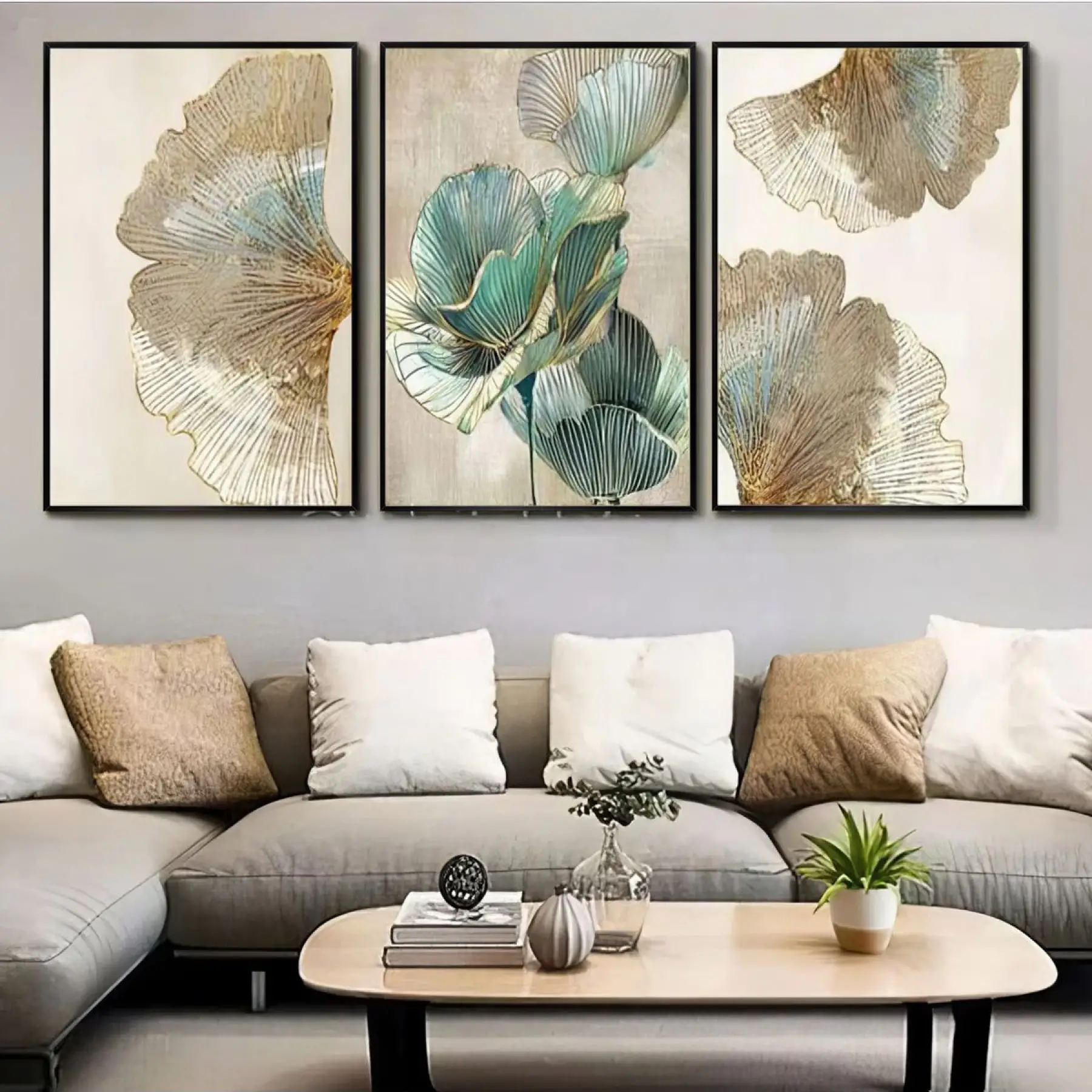 Akvamarin Rüyası Botanik Üçlü Metal Çerçeveli Tablo Seti