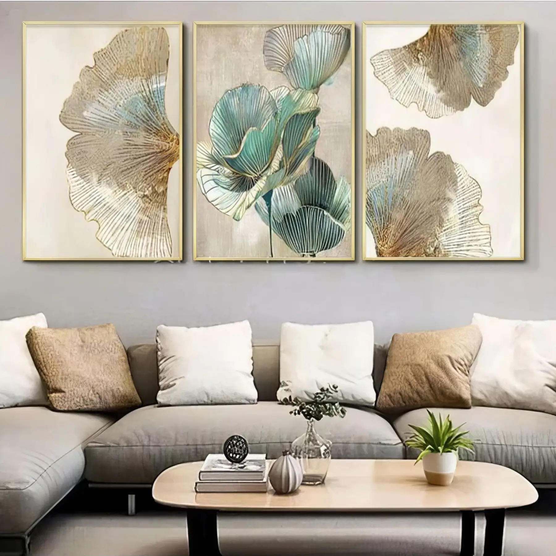 Akvamarin Rüyası Botanik Üçlü Metal Çerçeveli Tablo Seti