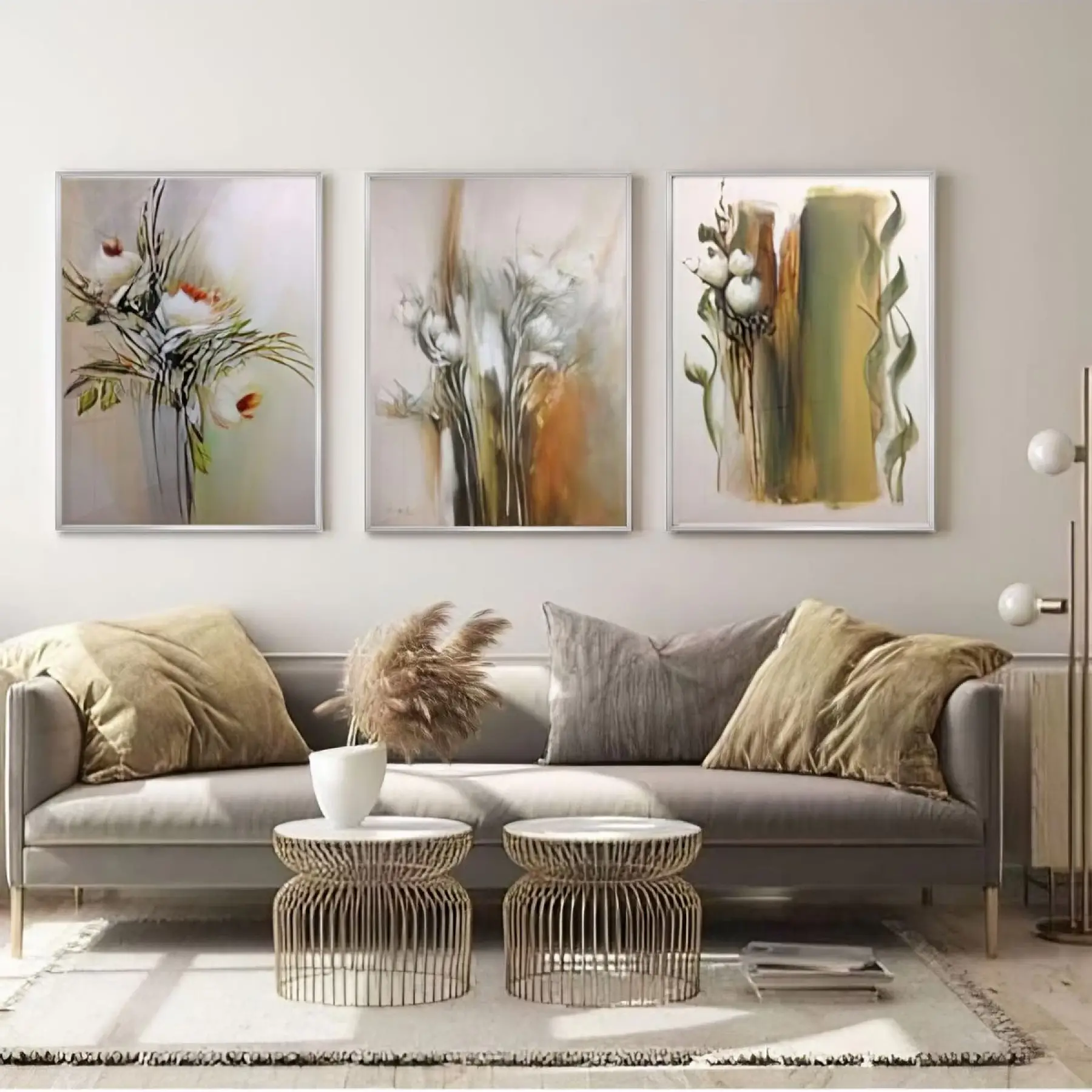 Sakin Tonların Soyut Dansı Üçlü Metal Çerçeveli Tablo Seti