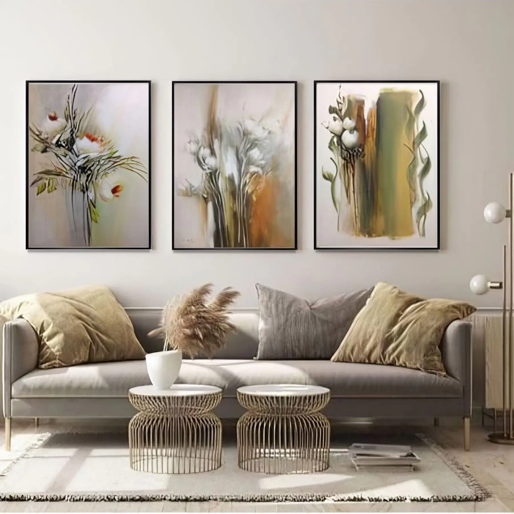 Sakin Tonların Soyut Dansı Üçlü Metal Çerçeveli Tablo Seti