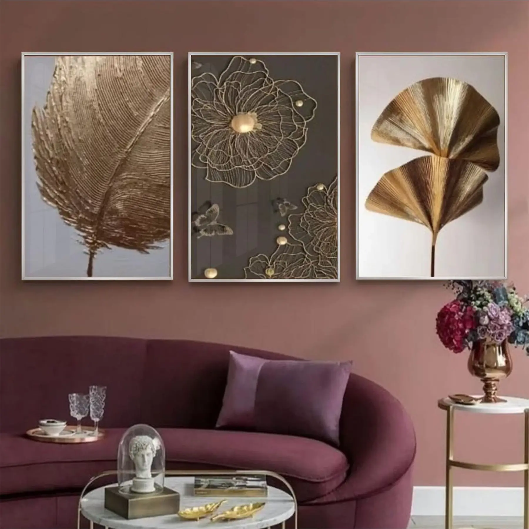 Altın Ginkgo Zarafeti Üçlü Metal Çerçeveli Tablo Seti