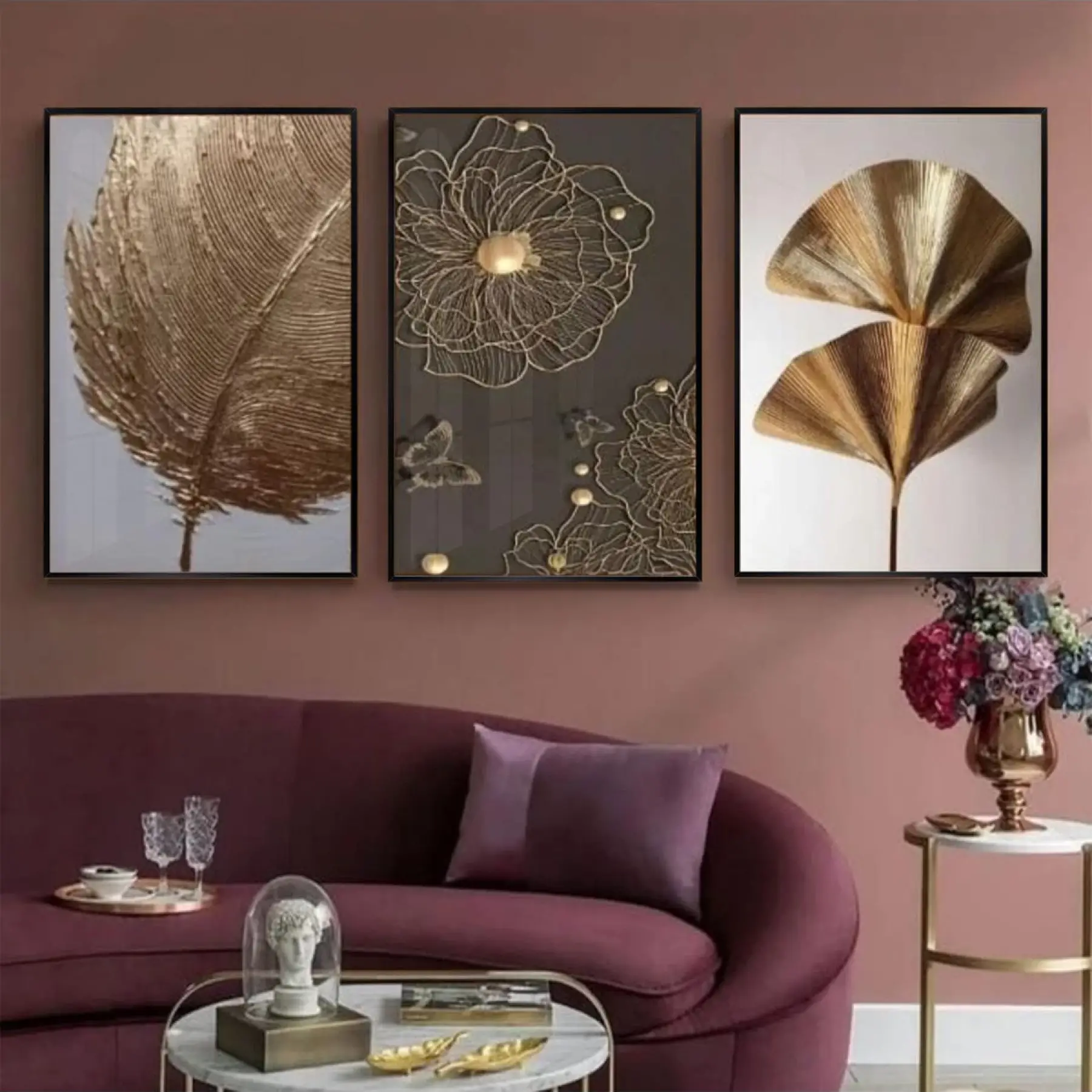 Altın Ginkgo Zarafeti Üçlü Metal Çerçeveli Tablo Seti