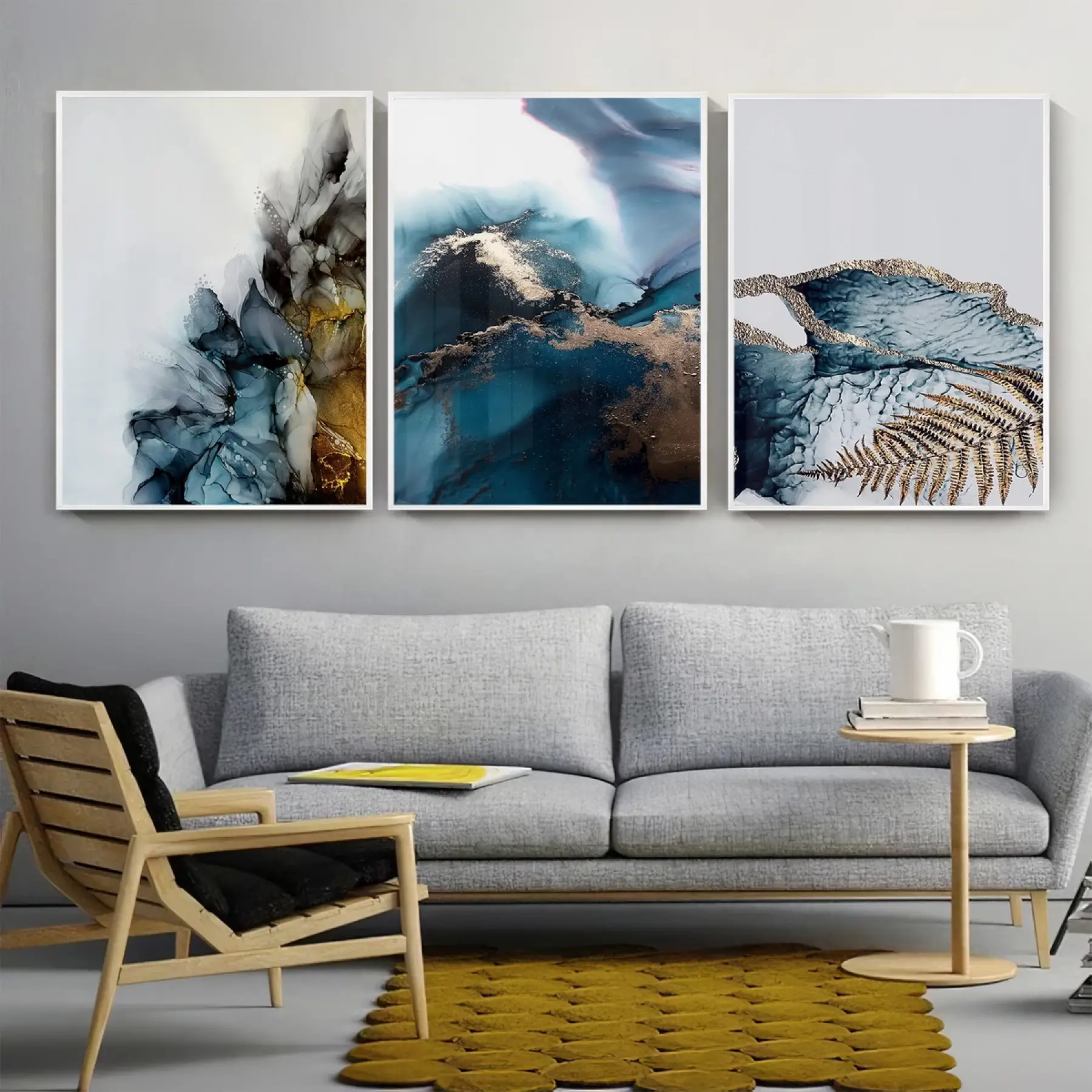 Akışkan Mavi Rüya Altın Dokunuş Üçlü Metal Çerçeveli Tablo Takımı