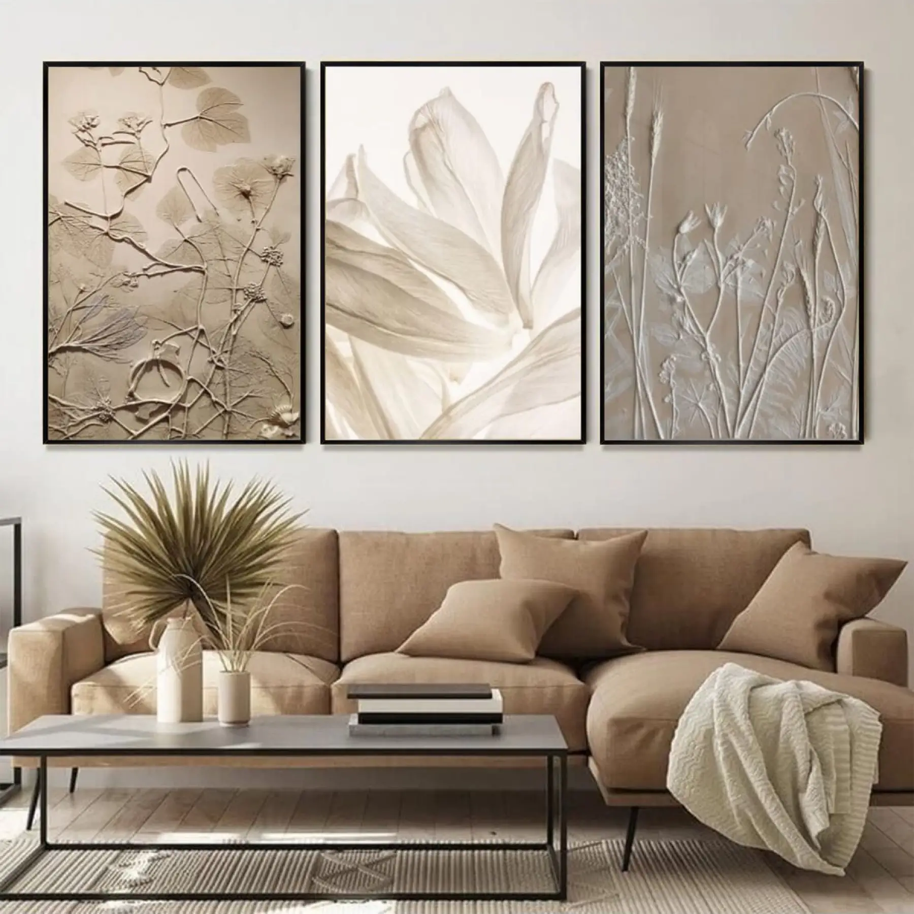 Zarif Natürel İzler Kabartma Efektli Üçlü Metal Çerçeveli Tablo Seti
