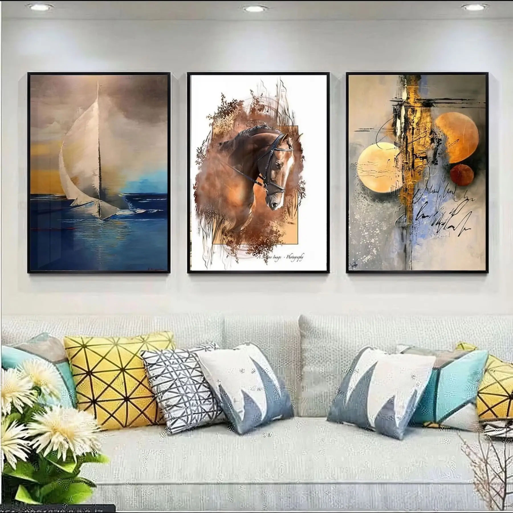 Denizin Ötesine Yelken Açan Gemi - Atın Asil Ruhu - Kozmik Düşler Üçlü Metal Çerçeveli Tablo Takımı