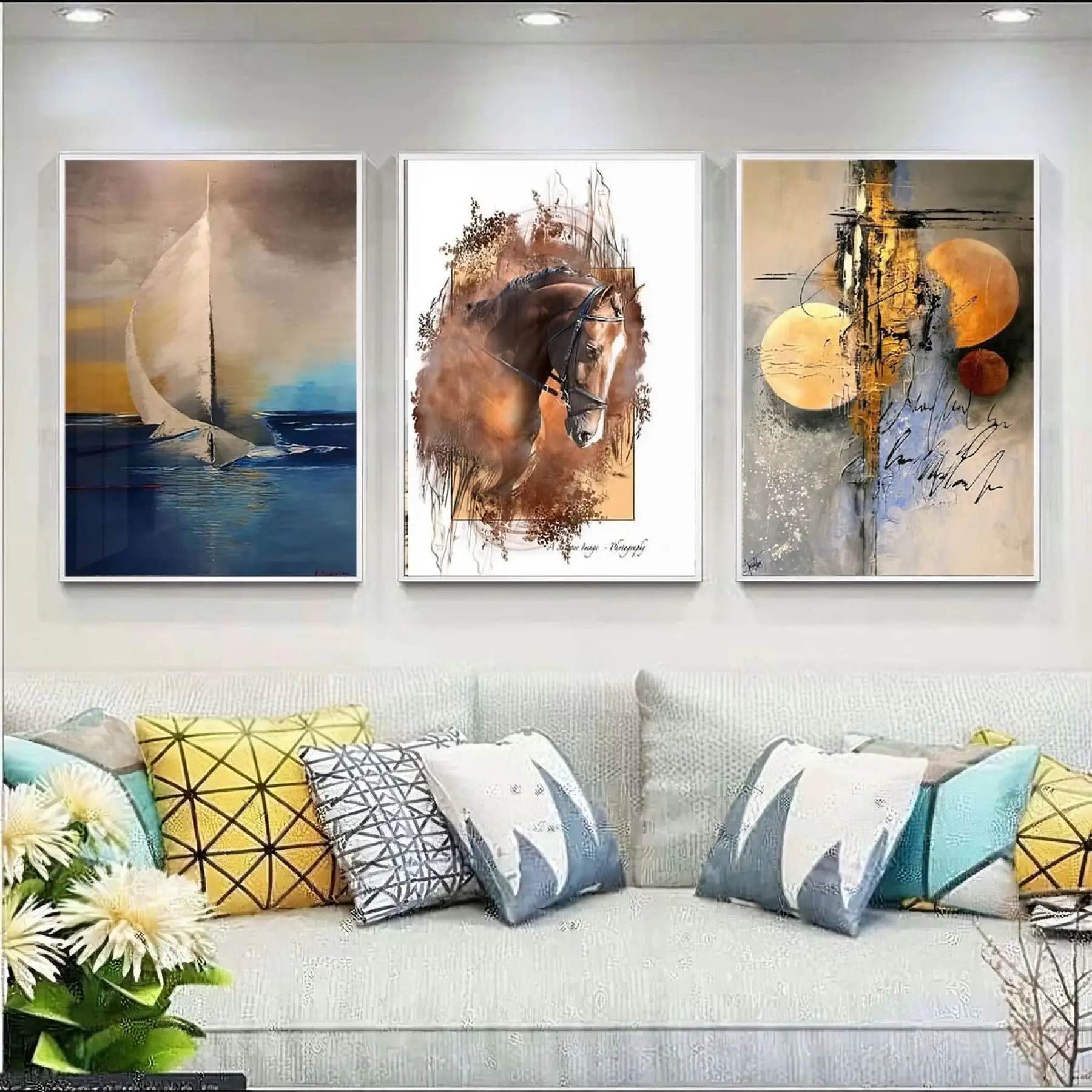 Denizin Ötesine Yelken Açan Gemi - Atın Asil Ruhu - Kozmik Düşler Üçlü Metal Çerçeveli Tablo Takımı
