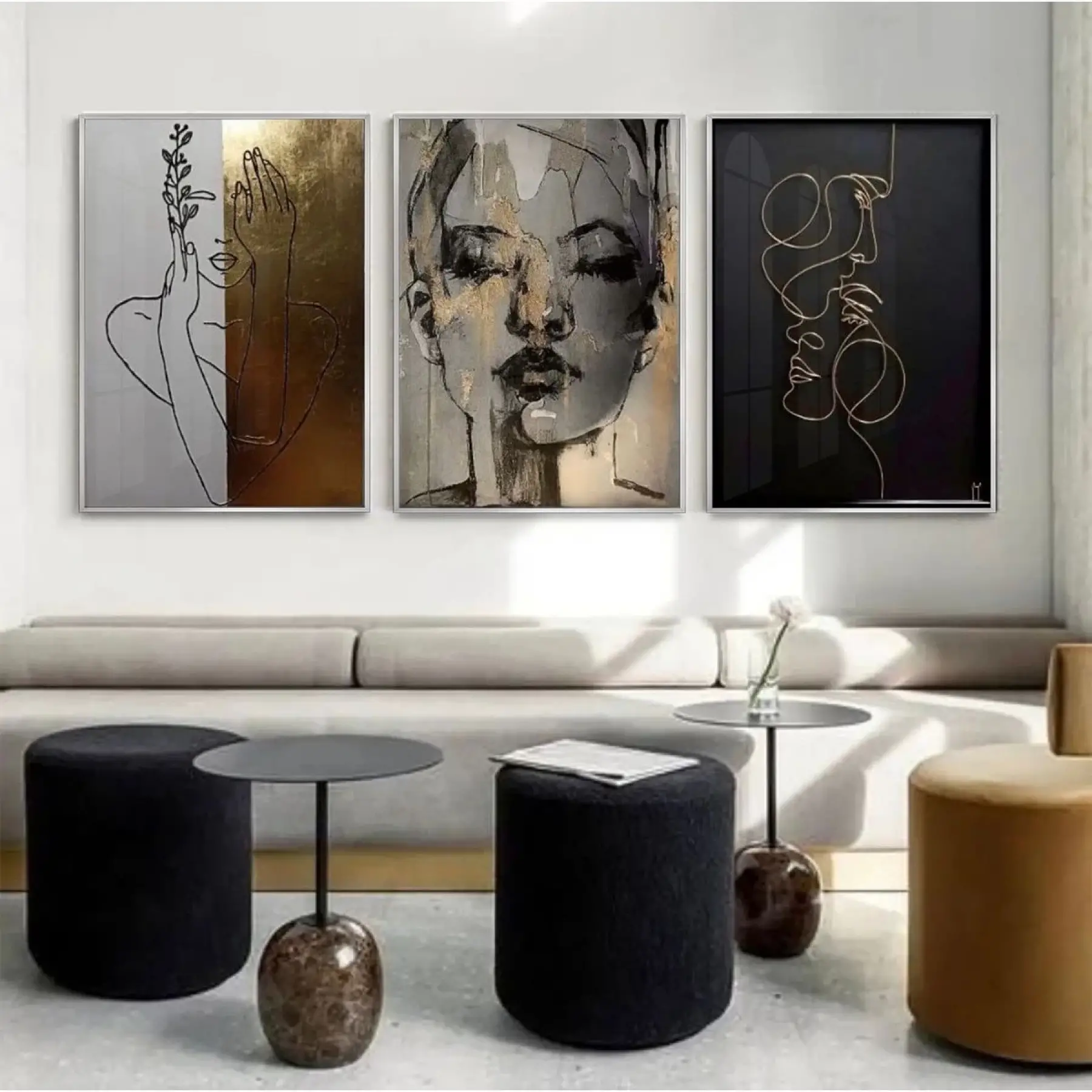 Soyut Portrelerin Şiiri Üçlü Metal Çerçeveli Tablo Seti