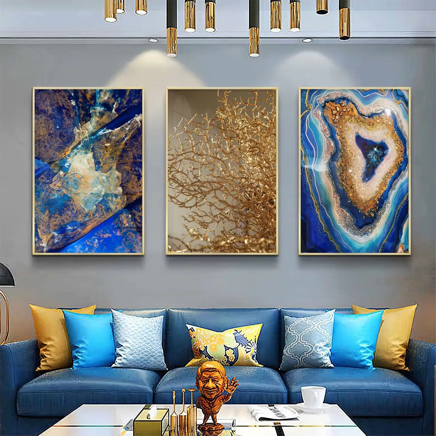 Mineral Mavisi Elegansı - Altın Dokunuşlu Doğa Üçlü Metal Çerçeveli Tablo Takımı