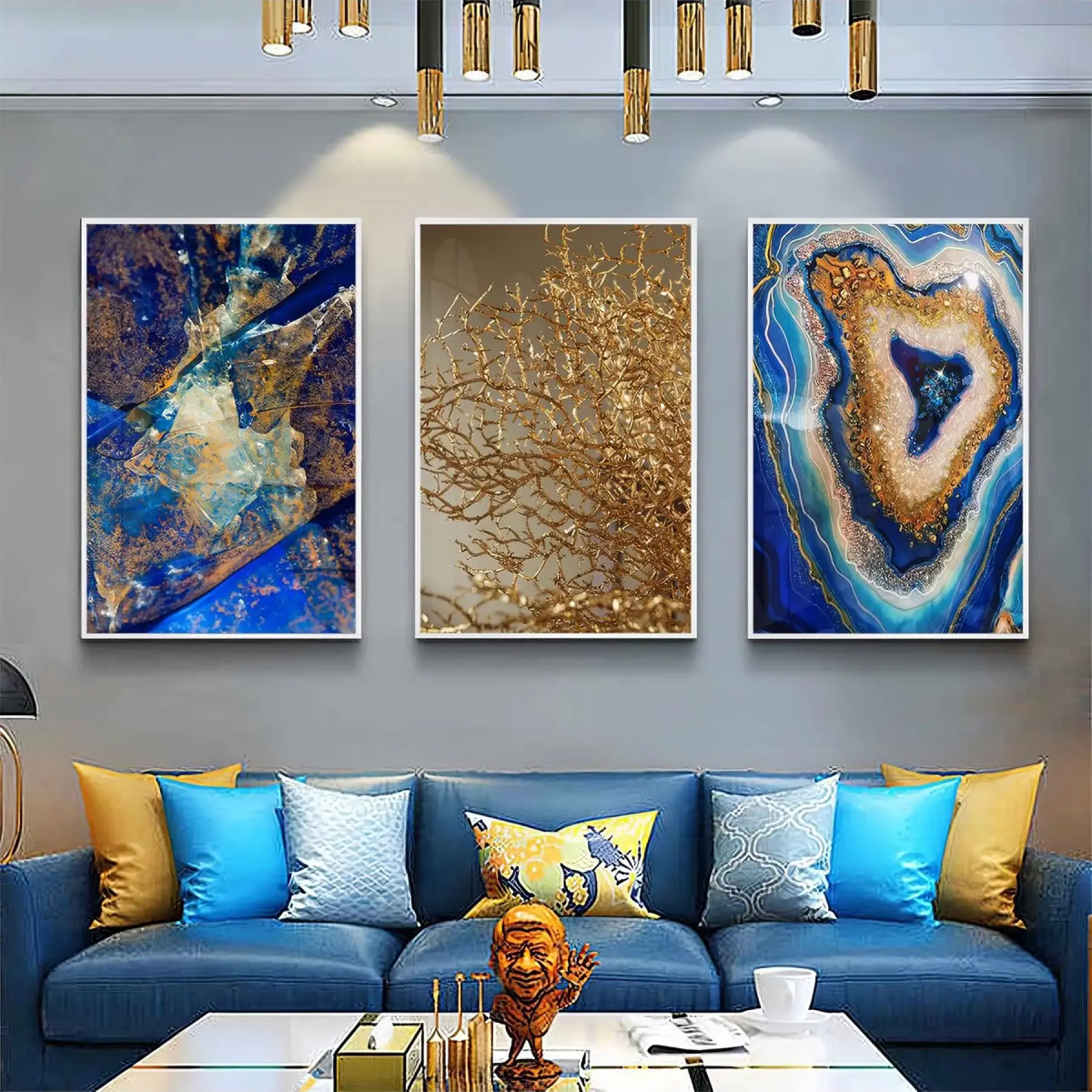 Mineral Mavisi Elegansı - Altın Dokunuşlu Doğa Üçlü Metal Çerçeveli Tablo Takımı