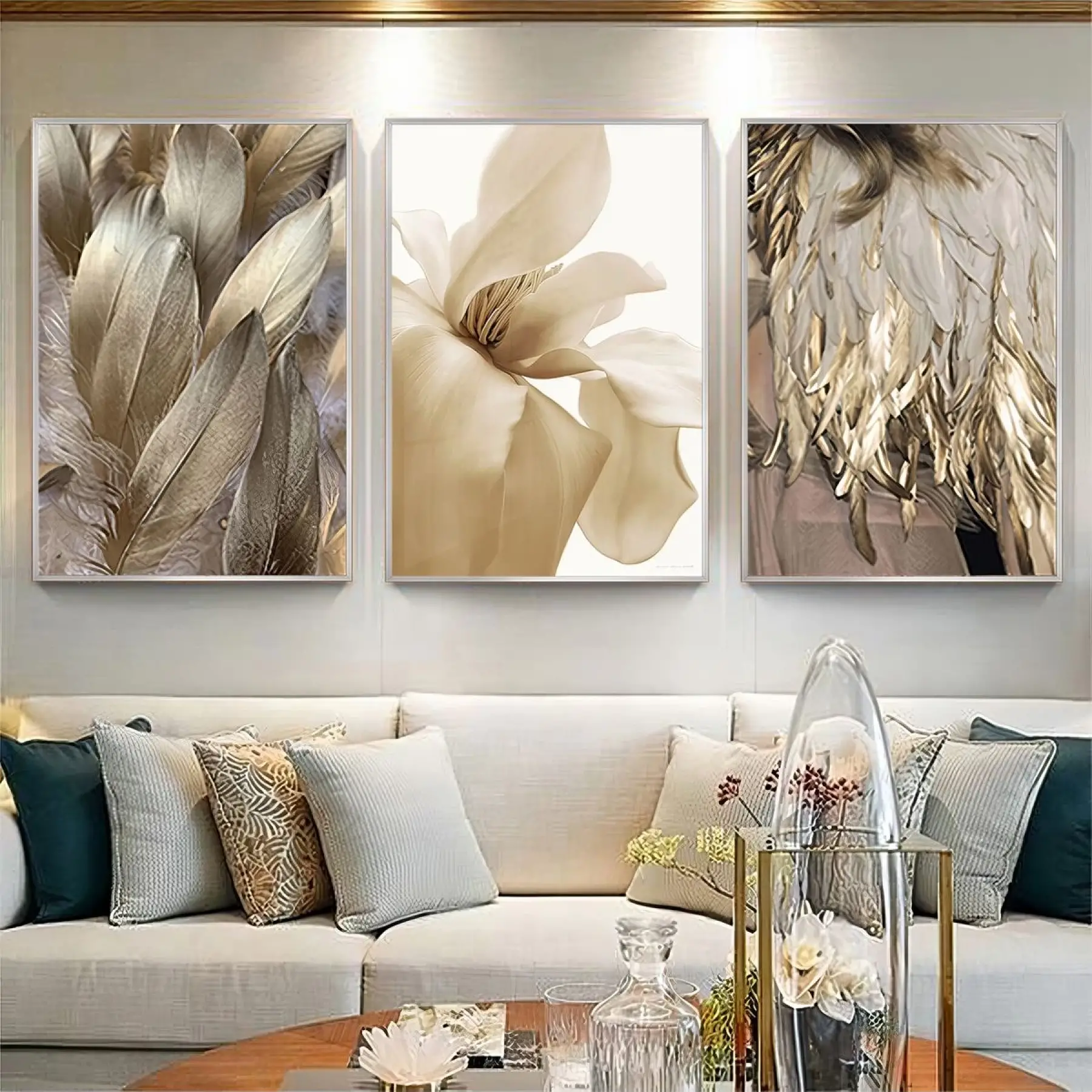 Altın Tüylerin Hafifliği 3lü Metal Çerçeveli Tablo Seti