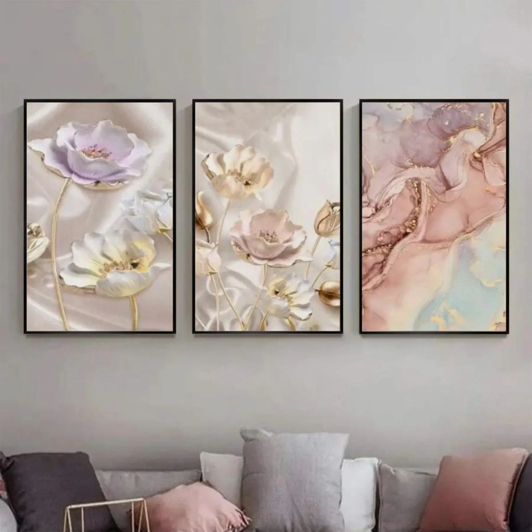 Zarif Pastel Gelincikler Üçlü Metal Çerçeveli Tablo Seti