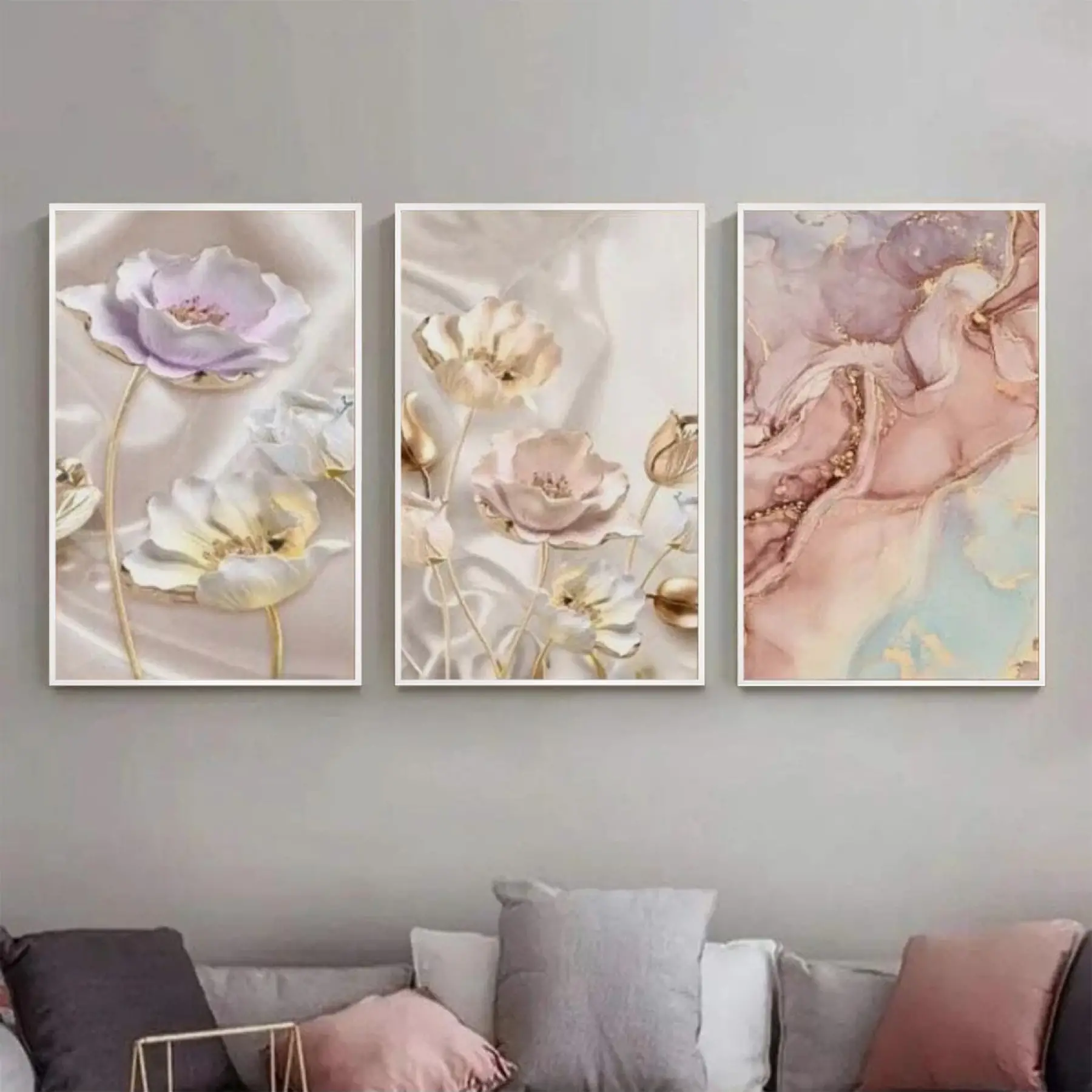 Zarif Pastel Gelincikler Üçlü Metal Çerçeveli Tablo Seti