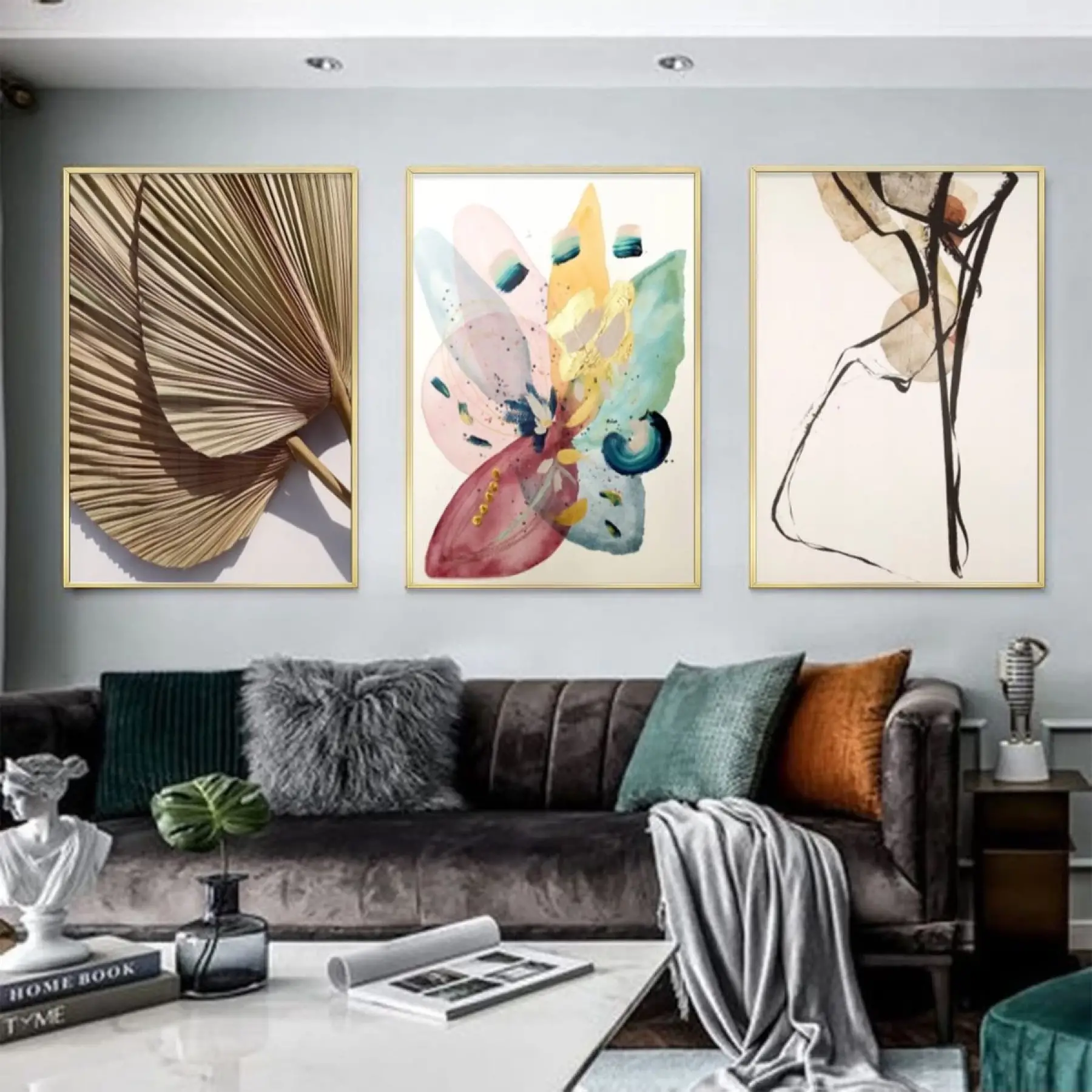 Modern Botanik: Stilize Yaprak Ve Çiçek İllüstrasyonları Üçlü Metal Çerçeveli Tablo Seti