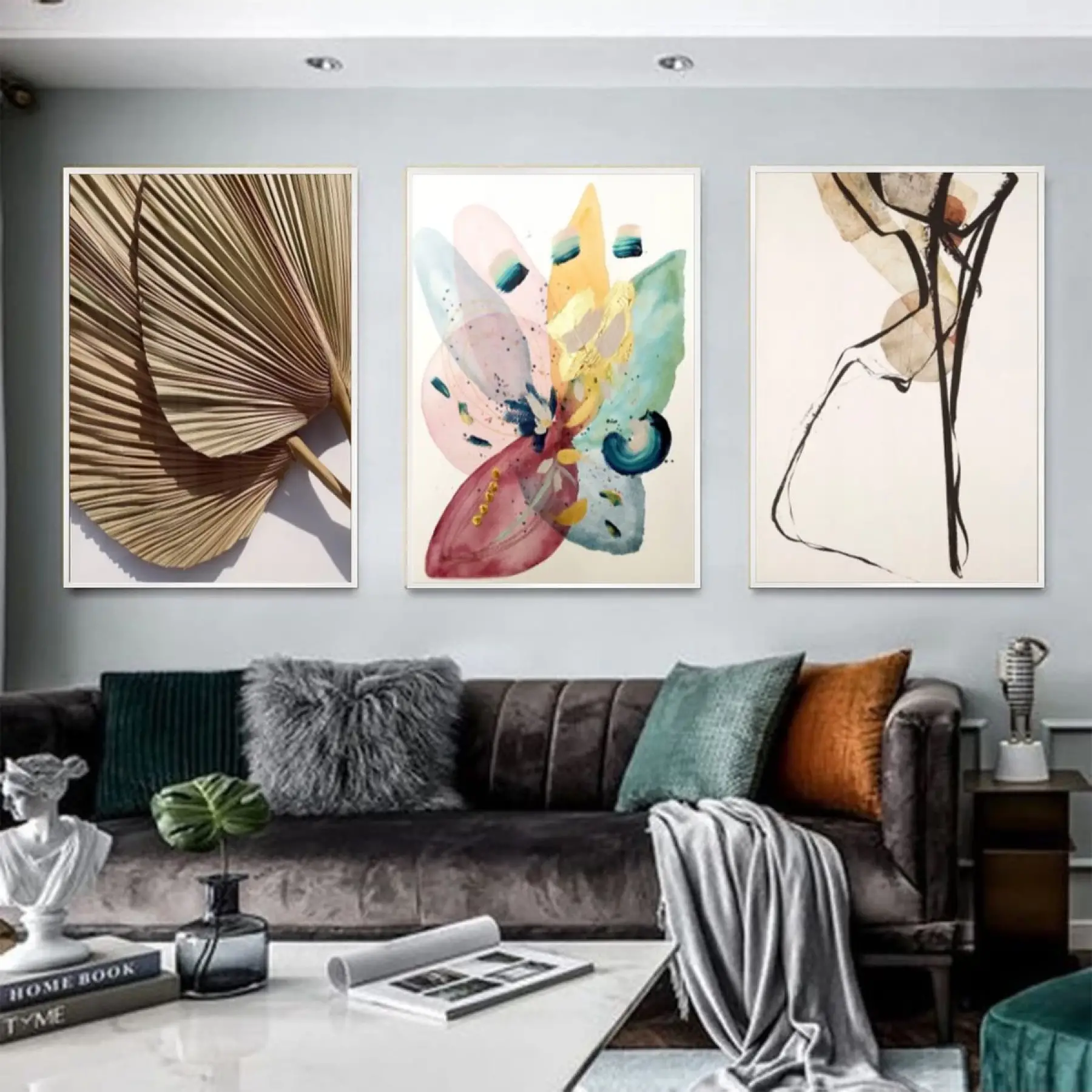 Modern Botanik: Stilize Yaprak Ve Çiçek İllüstrasyonları Üçlü Metal Çerçeveli Tablo Seti