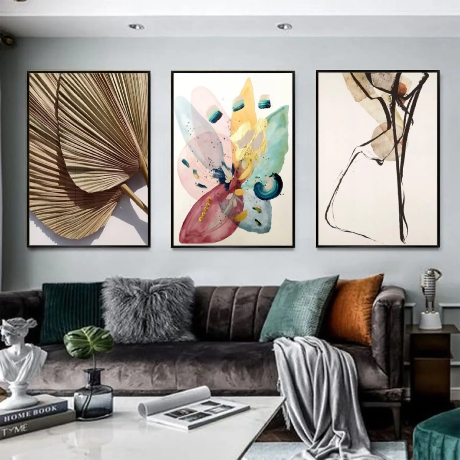 Modern Botanik: Stilize Yaprak Ve Çiçek İllüstrasyonları Üçlü Metal Çerçeveli Tablo Seti