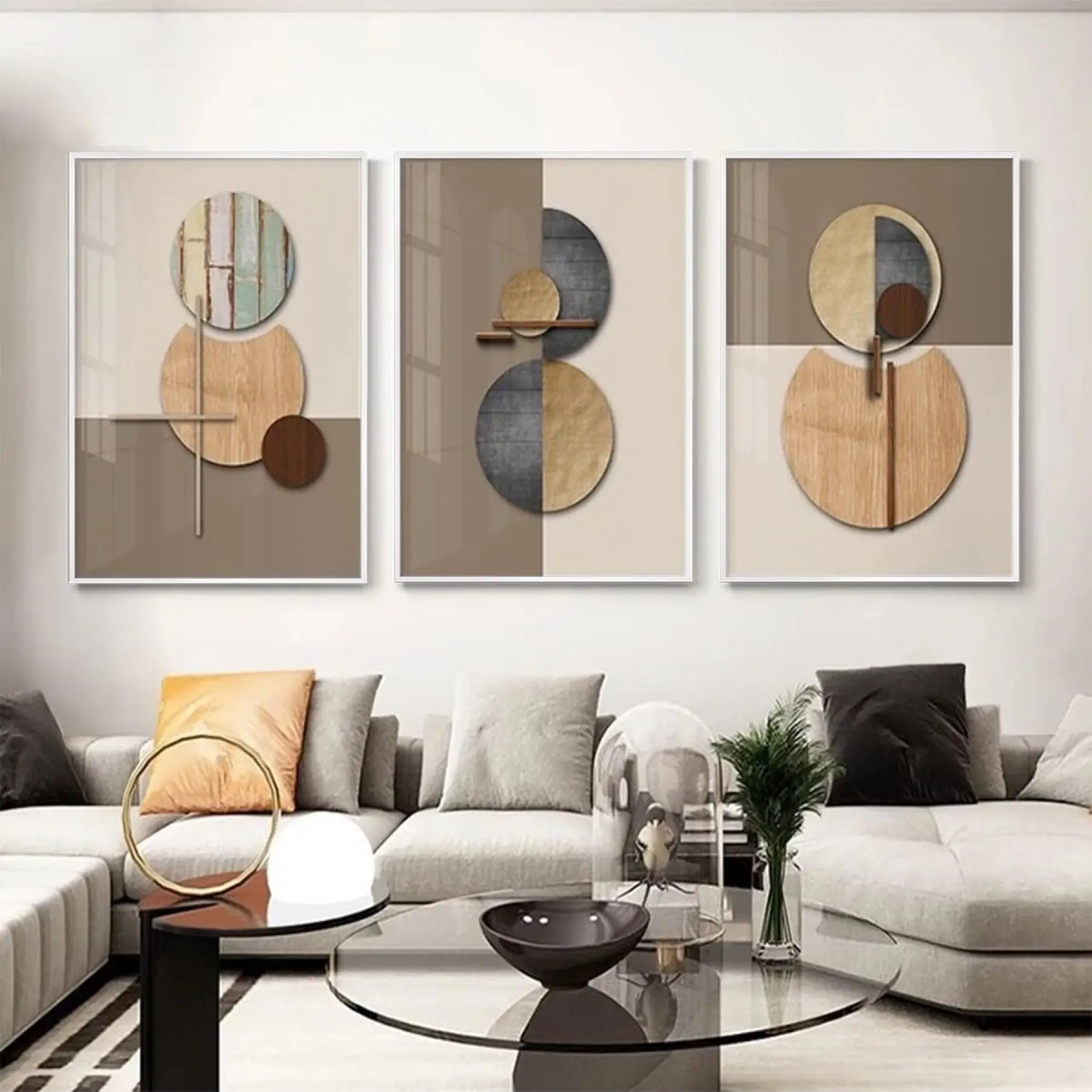 Soyut Formların Ahengi: Modern Üçlü Metal Çerçeveli Tablo Seti