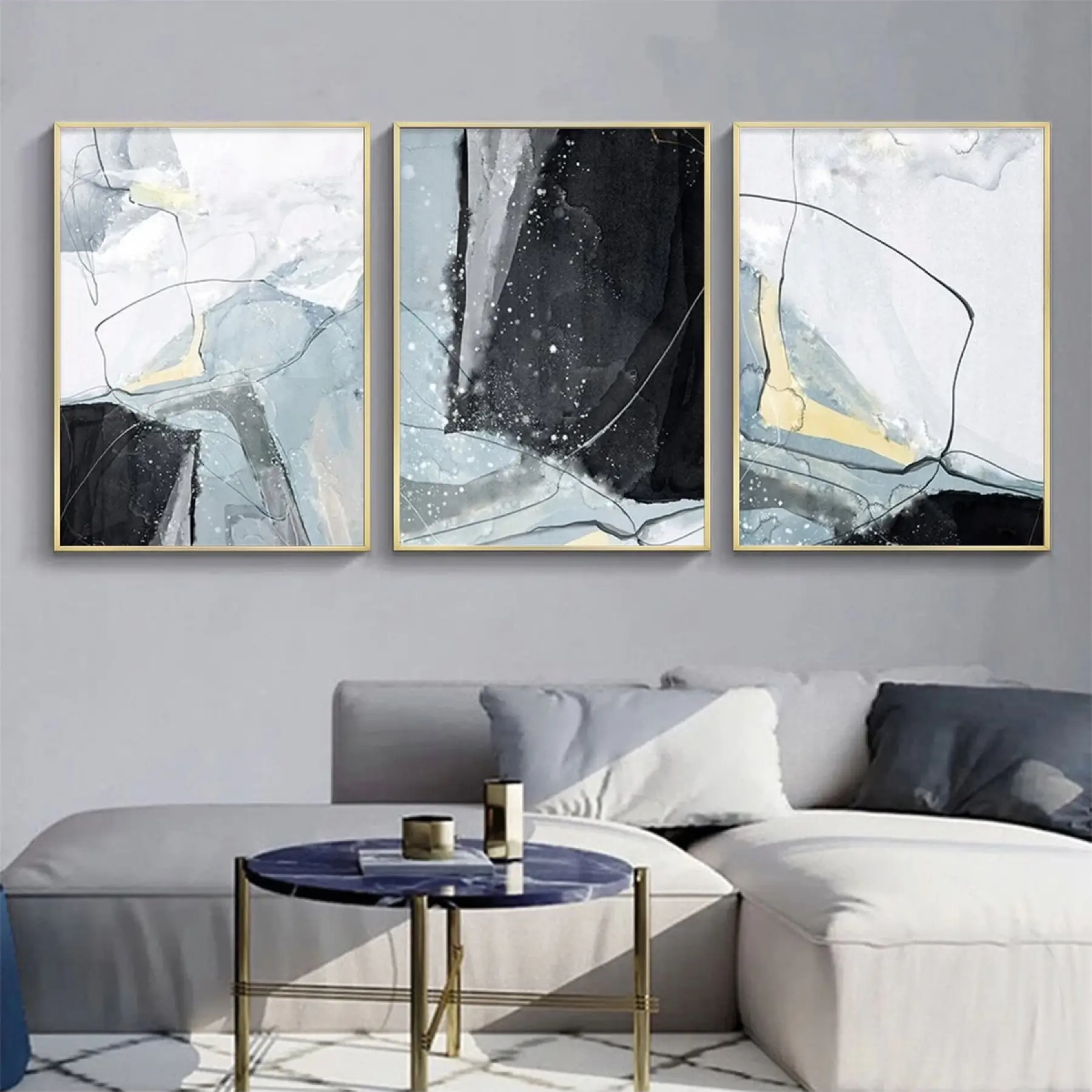 Modern Dokunuş: Zarif Soyut Mavi Ve Siyah Metal Çerçeveli Tablo Takımı